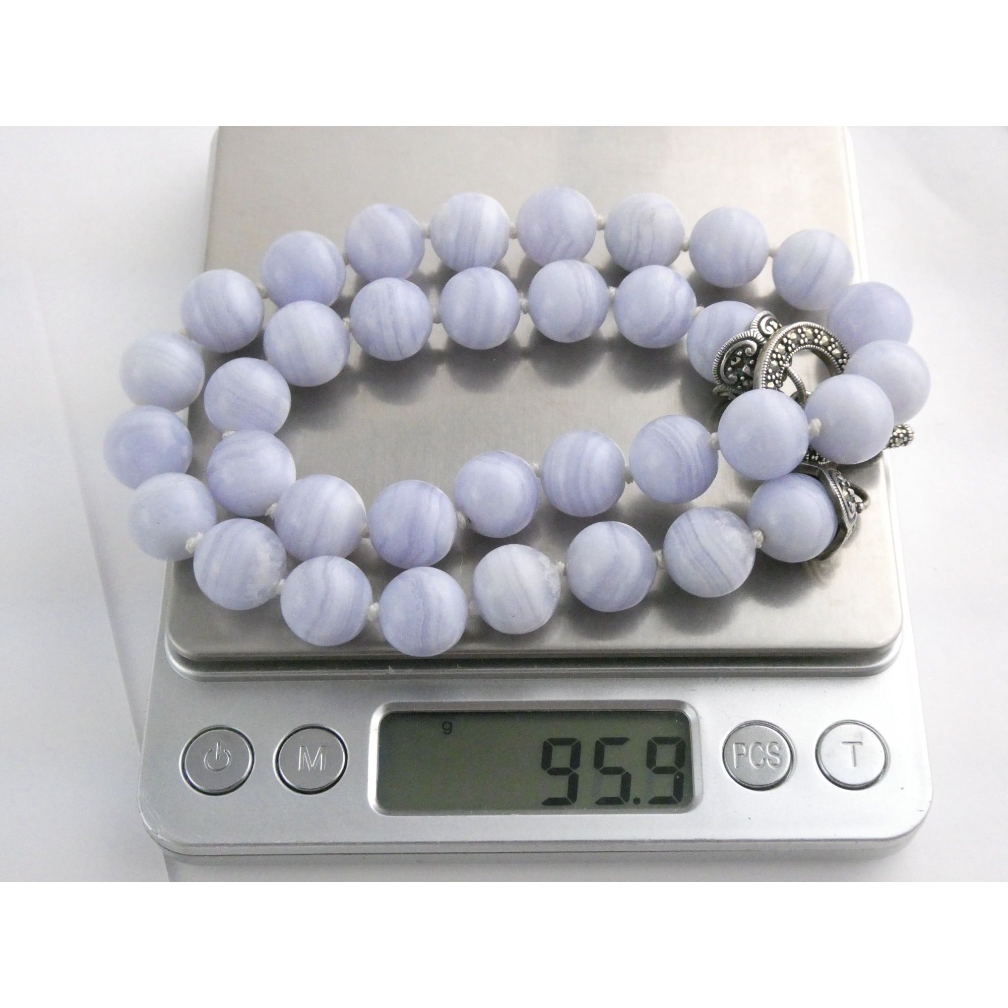 Sterling Silver Hand Knotted Blue Lace Agate Bead Strand Necklace 95g 19 Inches