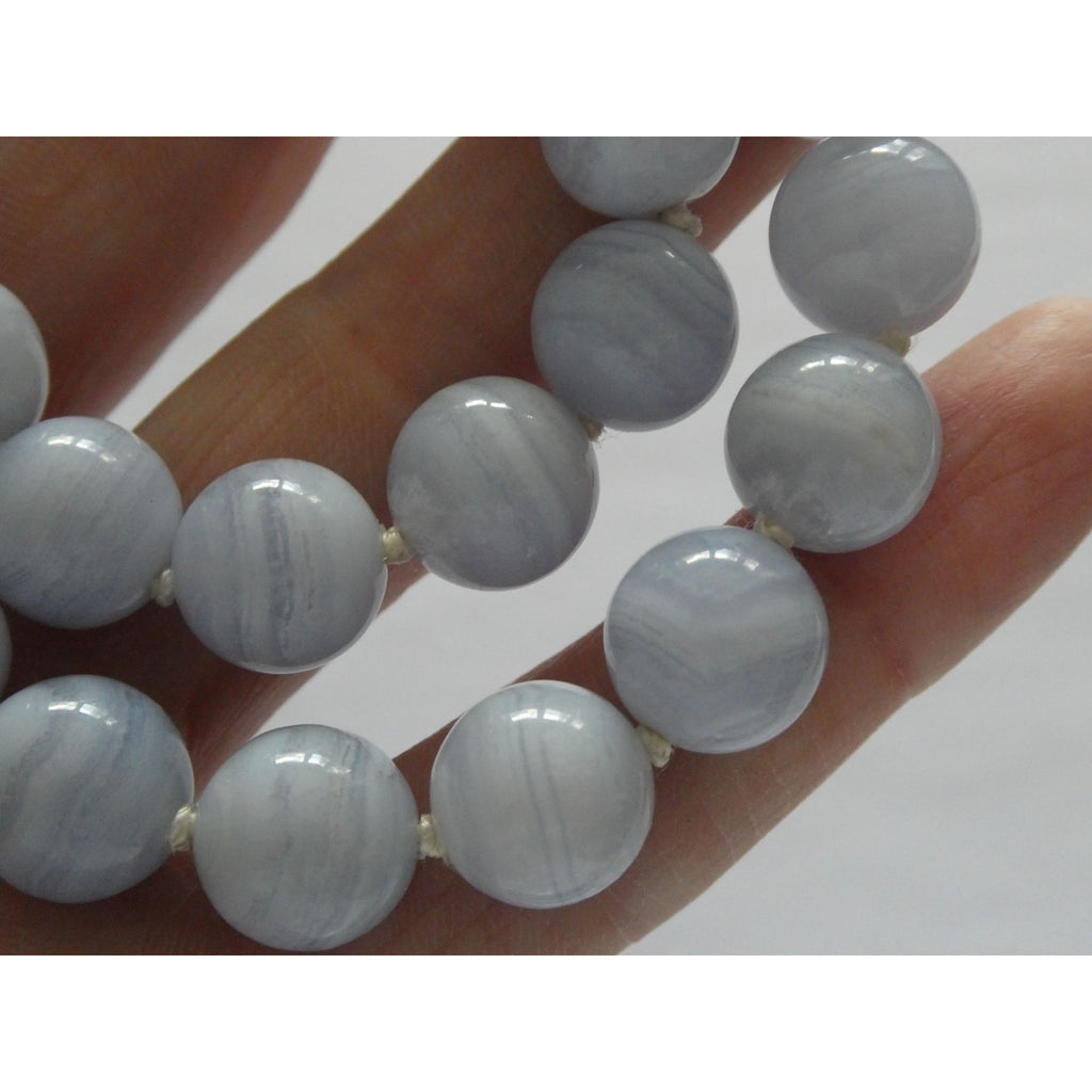 Sterling Silver Hand Knotted Blue Lace Agate Bead Strand Necklace 95g 19 Inches