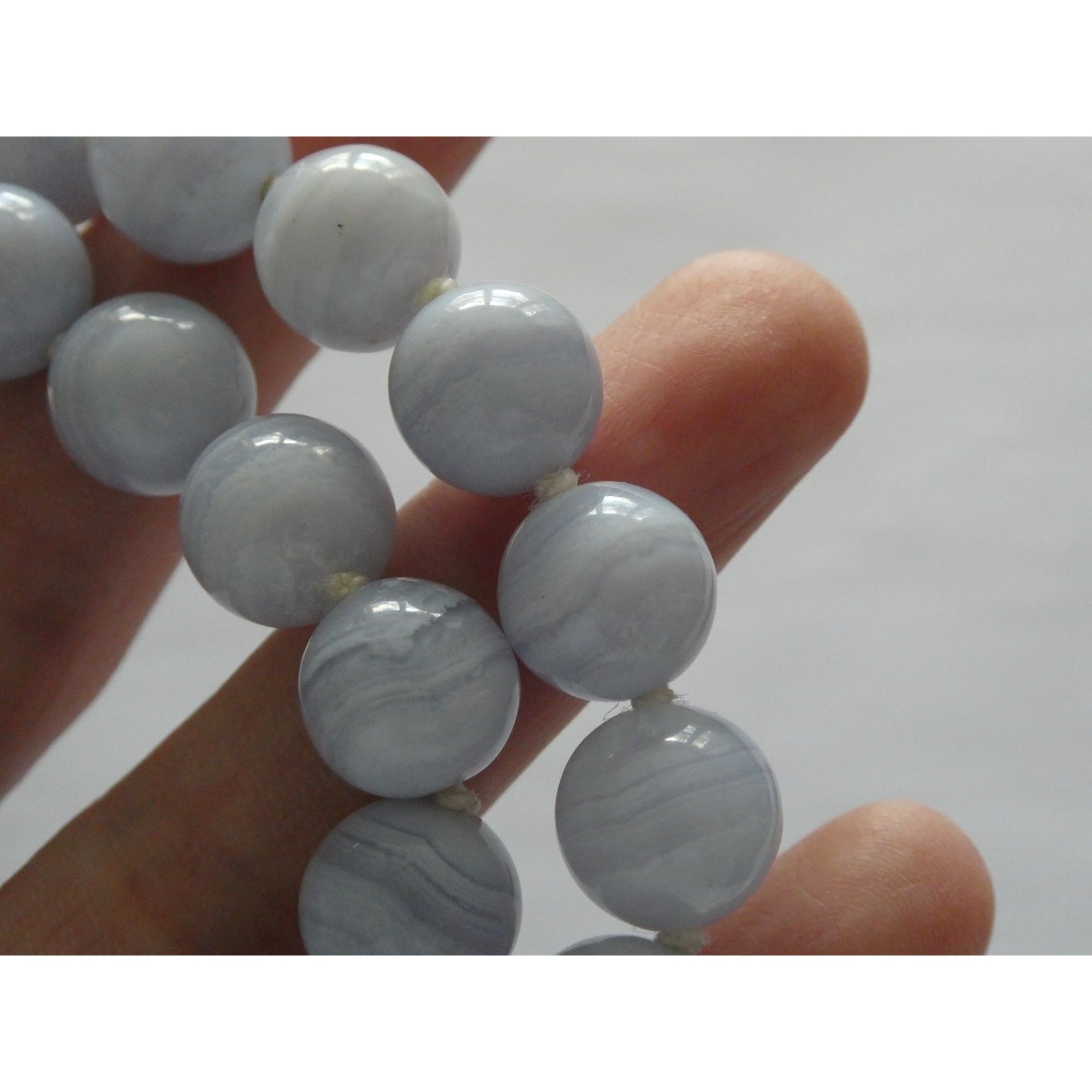 Sterling Silver Hand Knotted Blue Lace Agate Bead Strand Necklace 95g 19 Inches