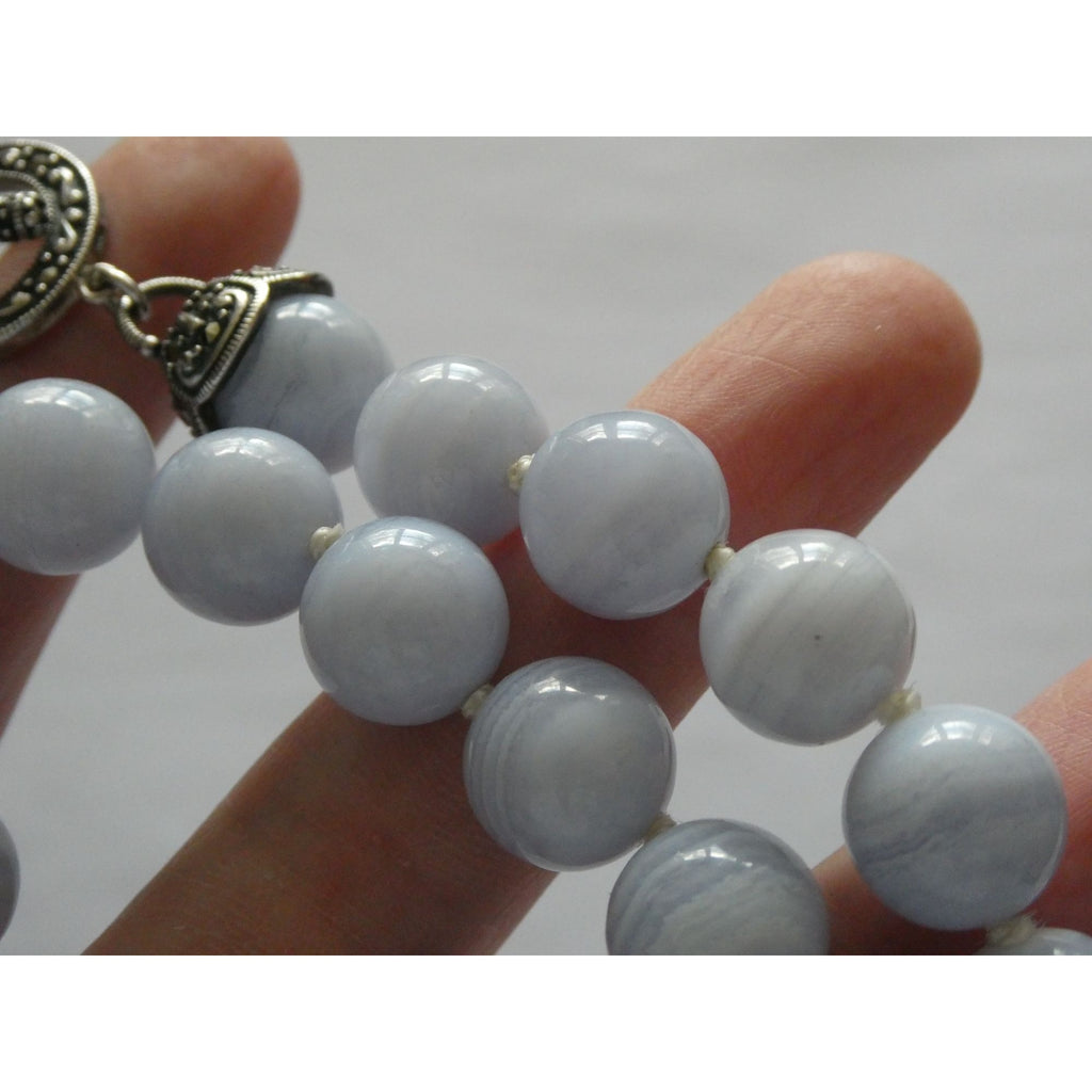 Sterling Silver Hand Knotted Blue Lace Agate Bead Strand Necklace 95g 19 Inches