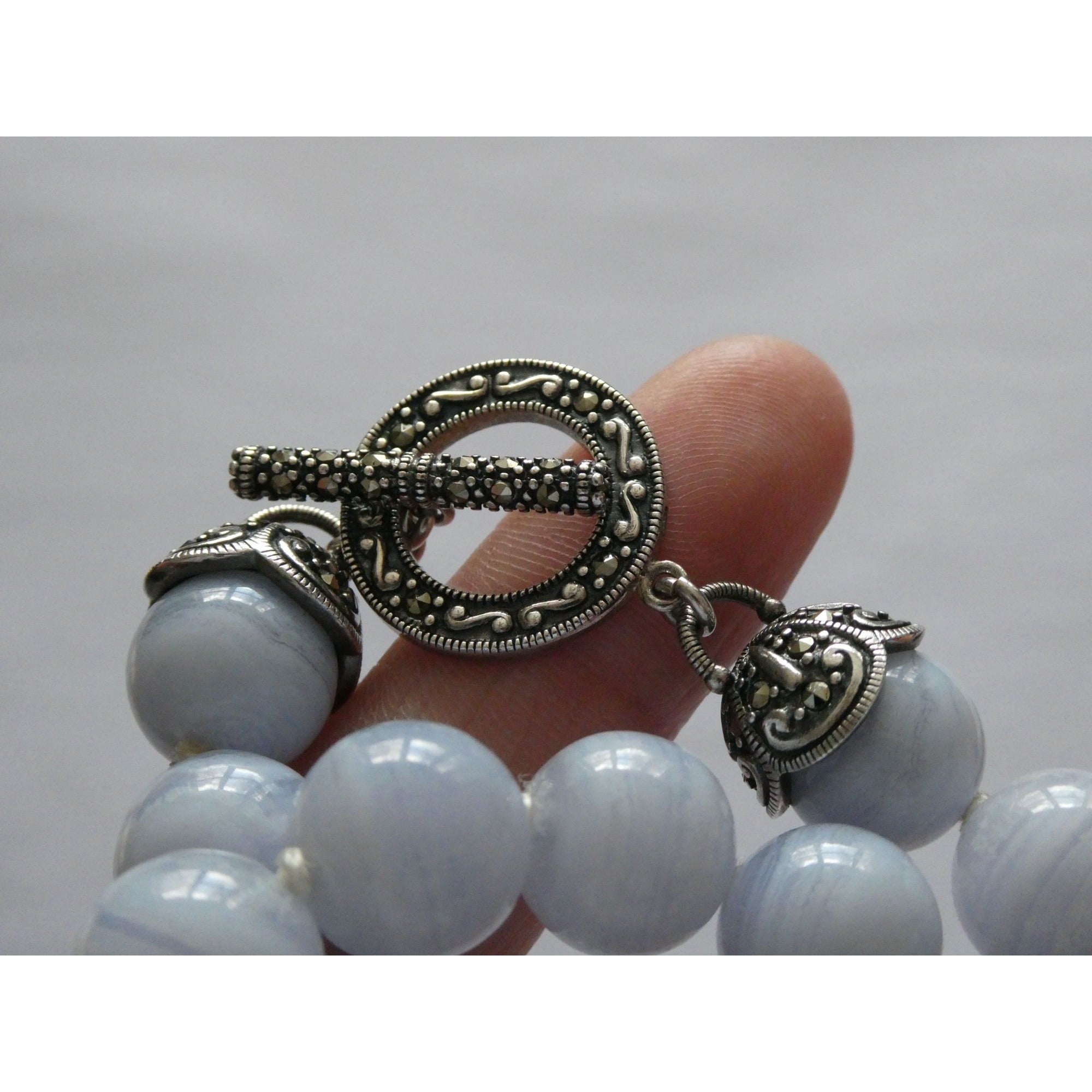 Sterling Silver Hand Knotted Blue Lace Agate Bead Strand Necklace 95g 19 Inches