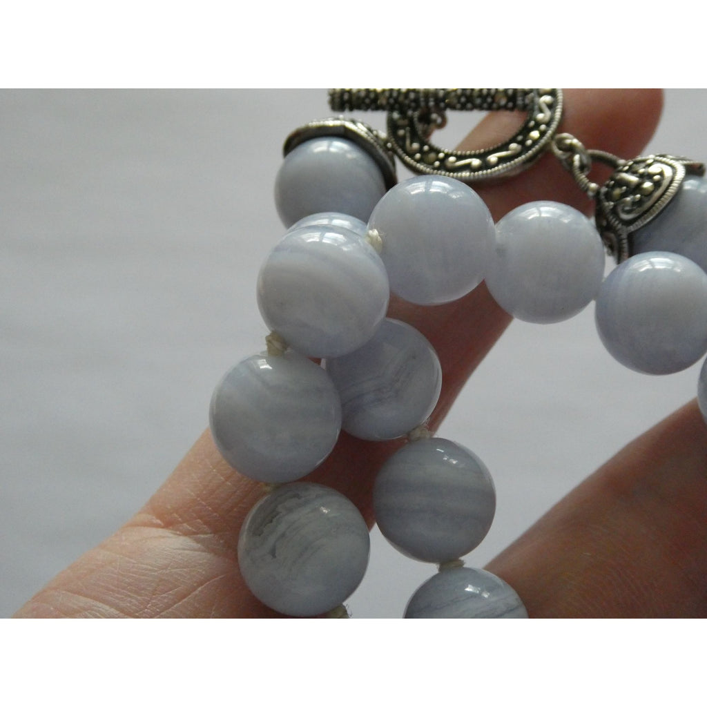 Sterling Silver Hand Knotted Blue Lace Agate Bead Strand Necklace 95g 19 Inches