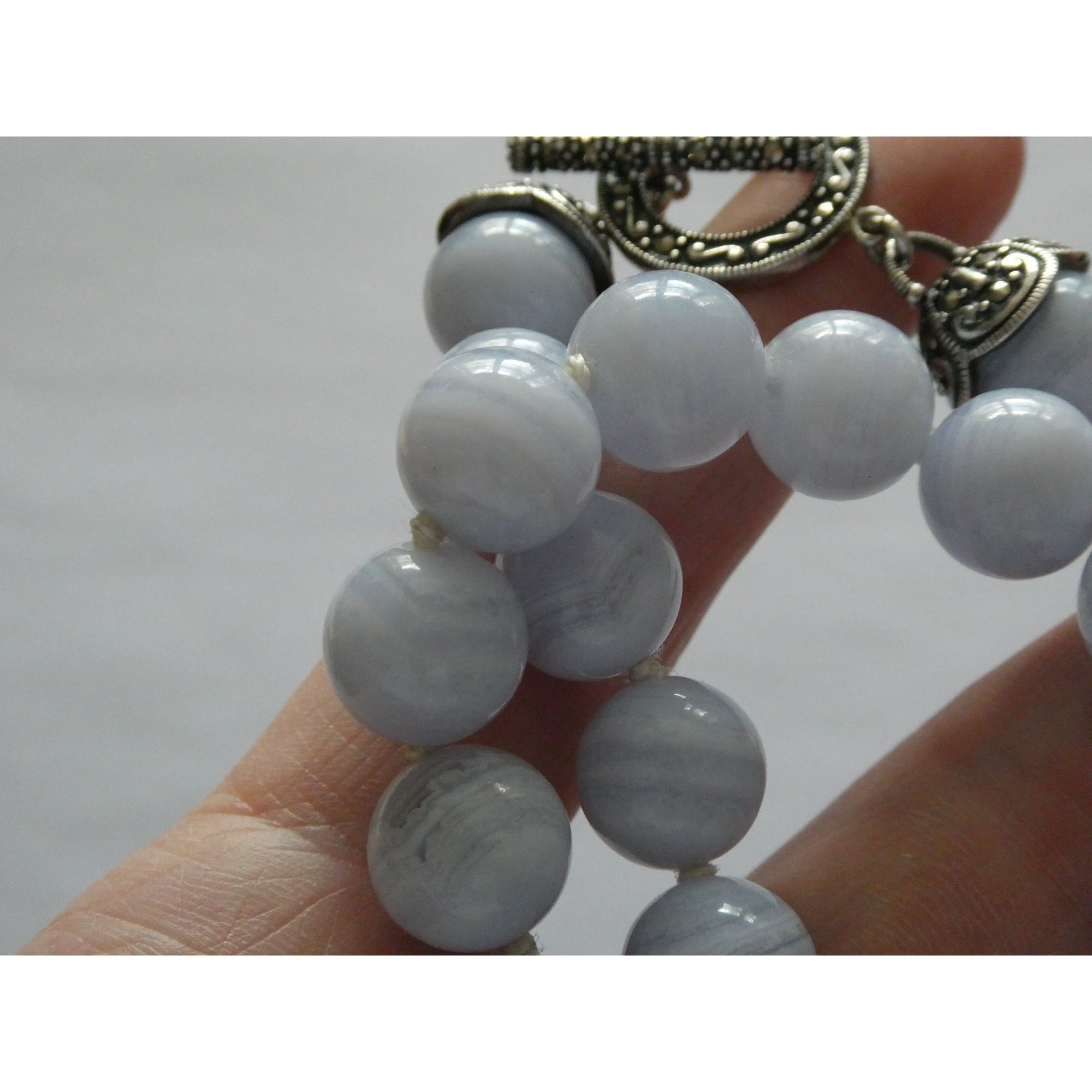 Sterling Silver Hand Knotted Blue Lace Agate Bead Strand Necklace 95g 19 Inches