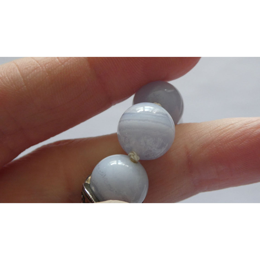 Sterling Silver Hand Knotted Blue Lace Agate Bead Strand Necklace 95g 19 Inches