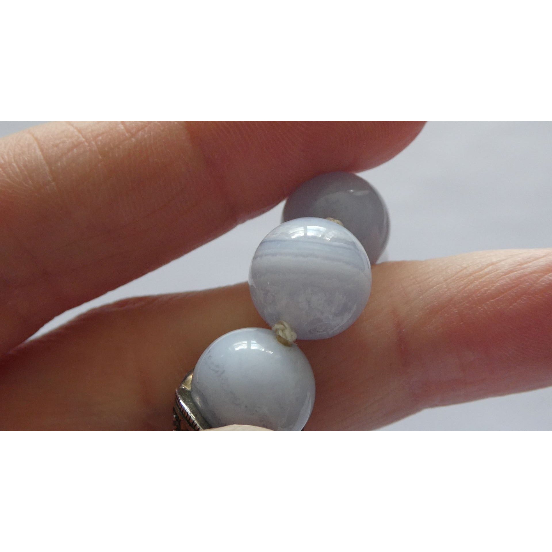 Sterling Silver Hand Knotted Blue Lace Agate Bead Strand Necklace 95g 19 Inches