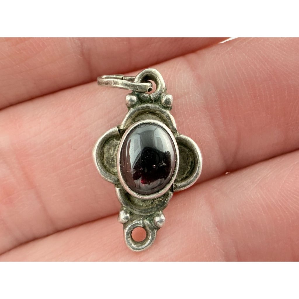 Vintage Sterling Silver Red Violet Garnet Cabochon Pendant Charm 2.4g 24mm Long