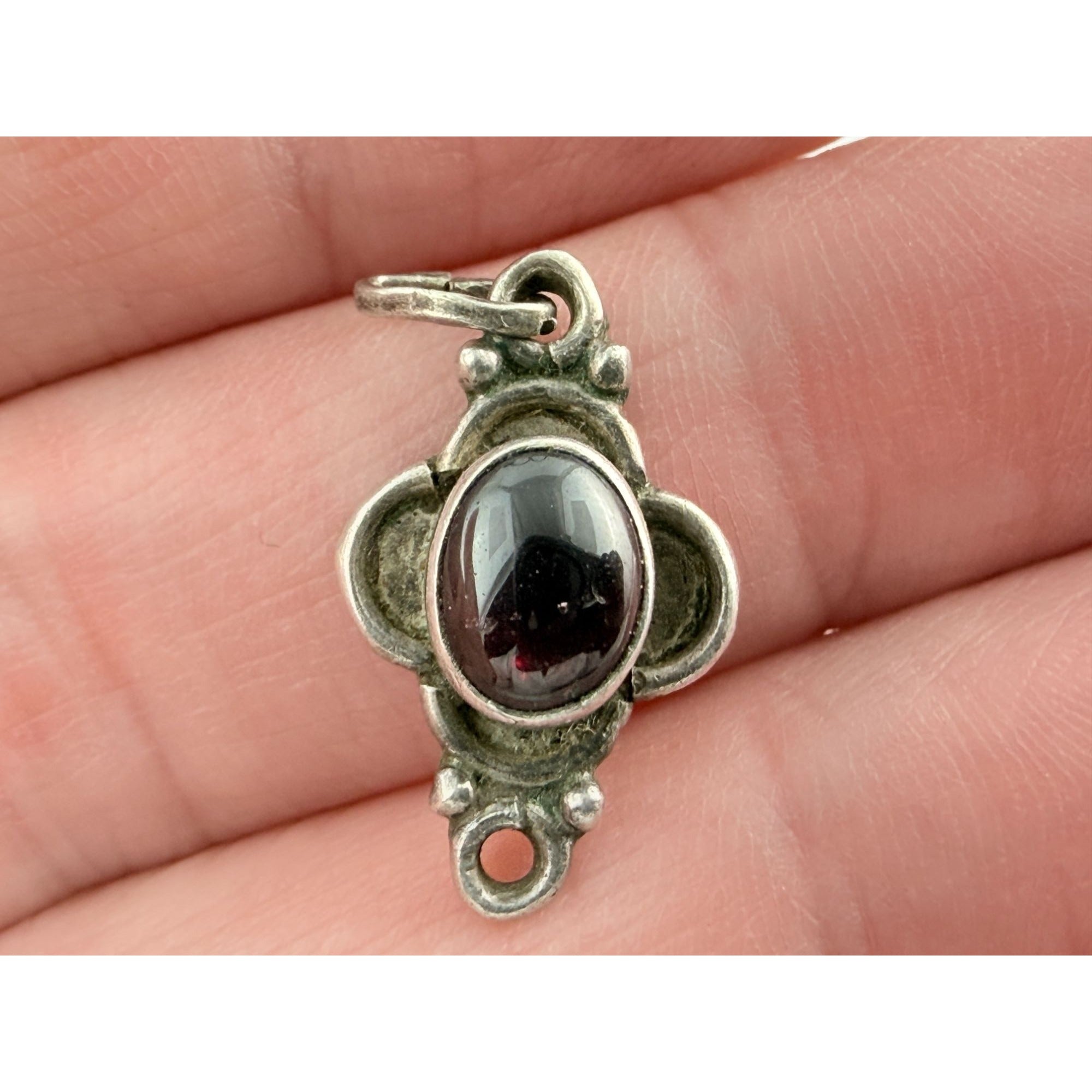 Vintage Sterling Silver Red Violet Garnet Cabochon Pendant Charm 2.4g 24mm Long