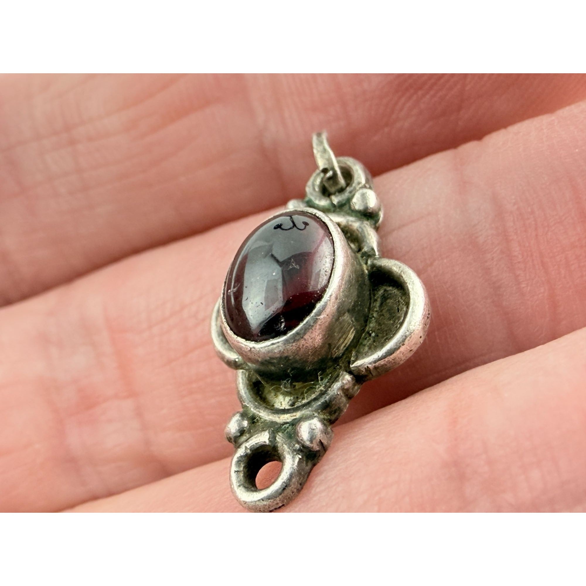 Vintage Sterling Silver Red Violet Garnet Cabochon Pendant Charm 2.4g 24mm Long