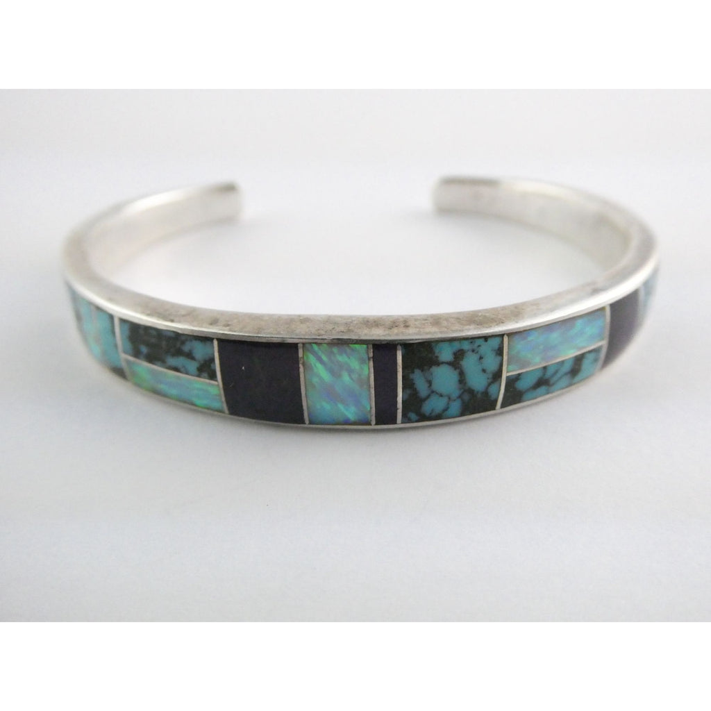 C Willie D Rosales Sterling Silver Opal Spiderweb Turquoise Onyx Cuff Bracelet