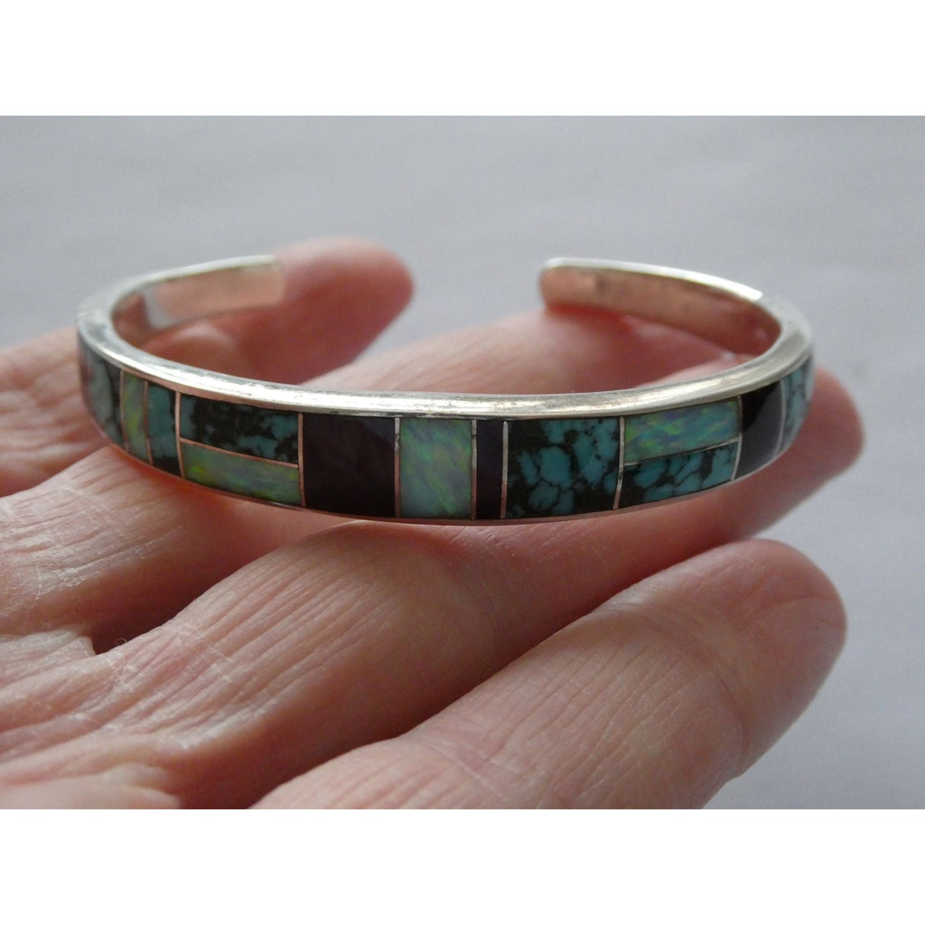 C Willie D Rosales Sterling Silver Opal Spiderweb Turquoise Onyx Cuff Bracelet