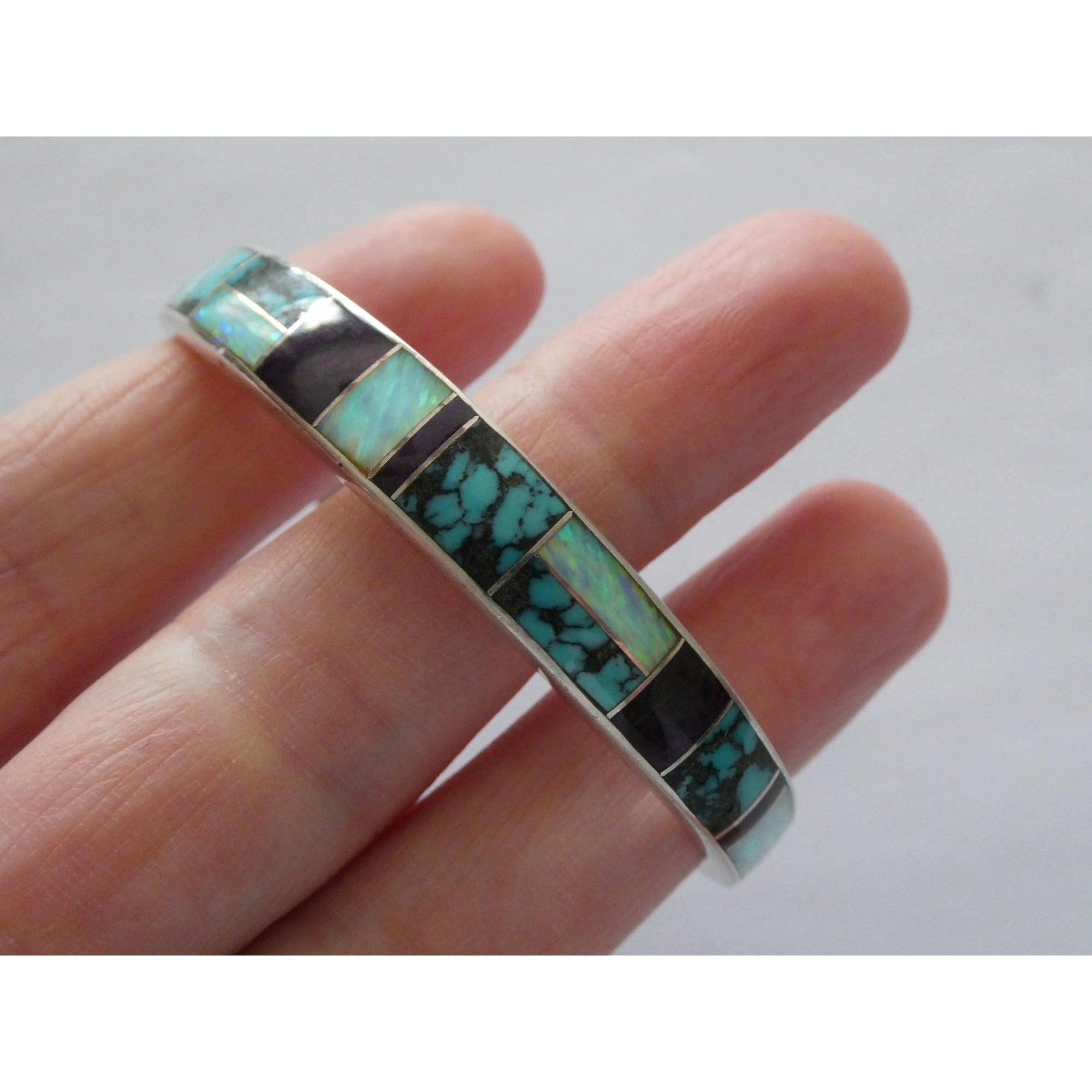 C Willie D Rosales Sterling Silver Opal Spiderweb Turquoise Onyx Cuff Bracelet