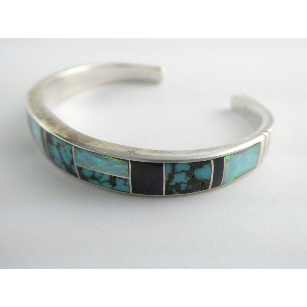 C Willie D Rosales Sterling Silver Opal Spiderweb Turquoise Onyx Cuff Bracelet