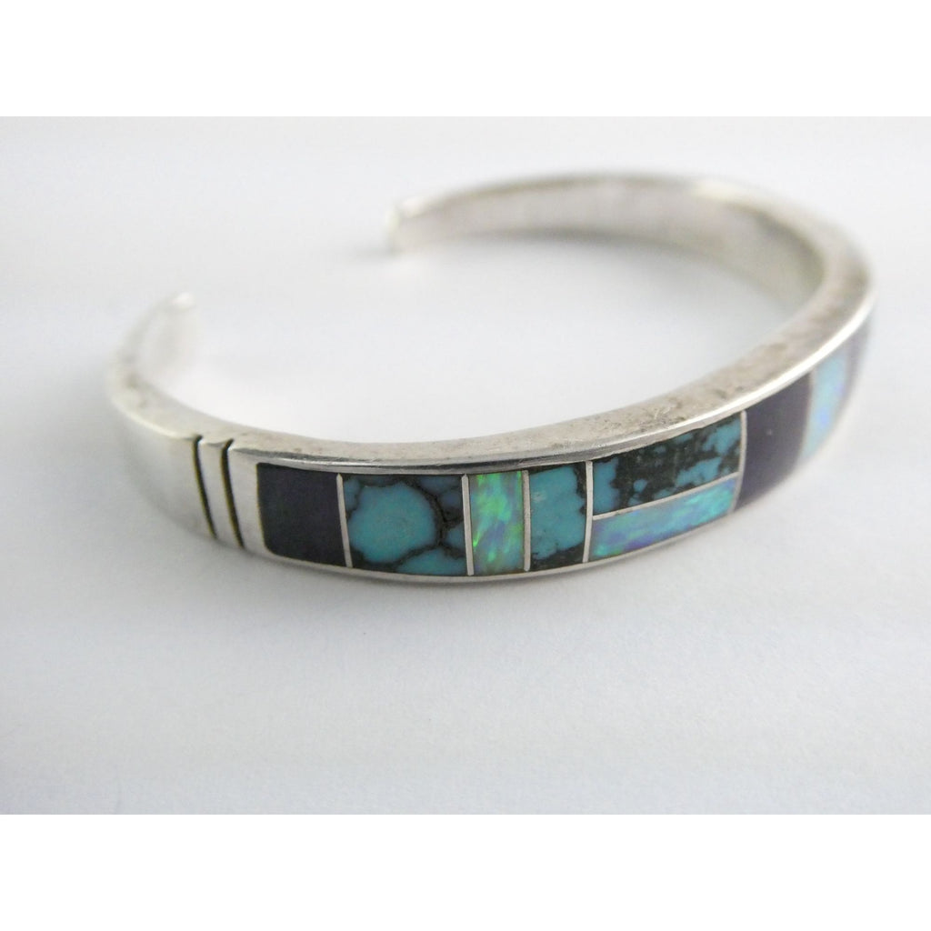 C Willie D Rosales Sterling Silver Opal Spiderweb Turquoise Onyx Cuff Bracelet