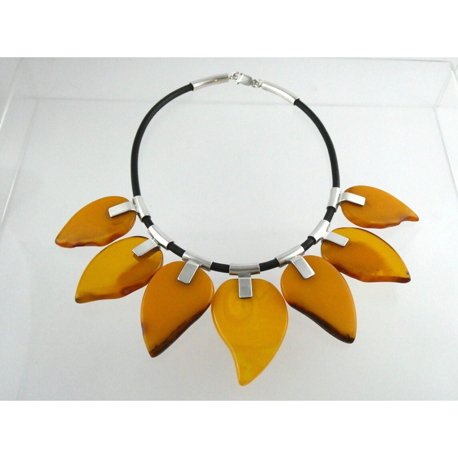 AG Polish Sterling Silver Leather Baltic Amber Necklace 925 90.8g 16.5 Inches