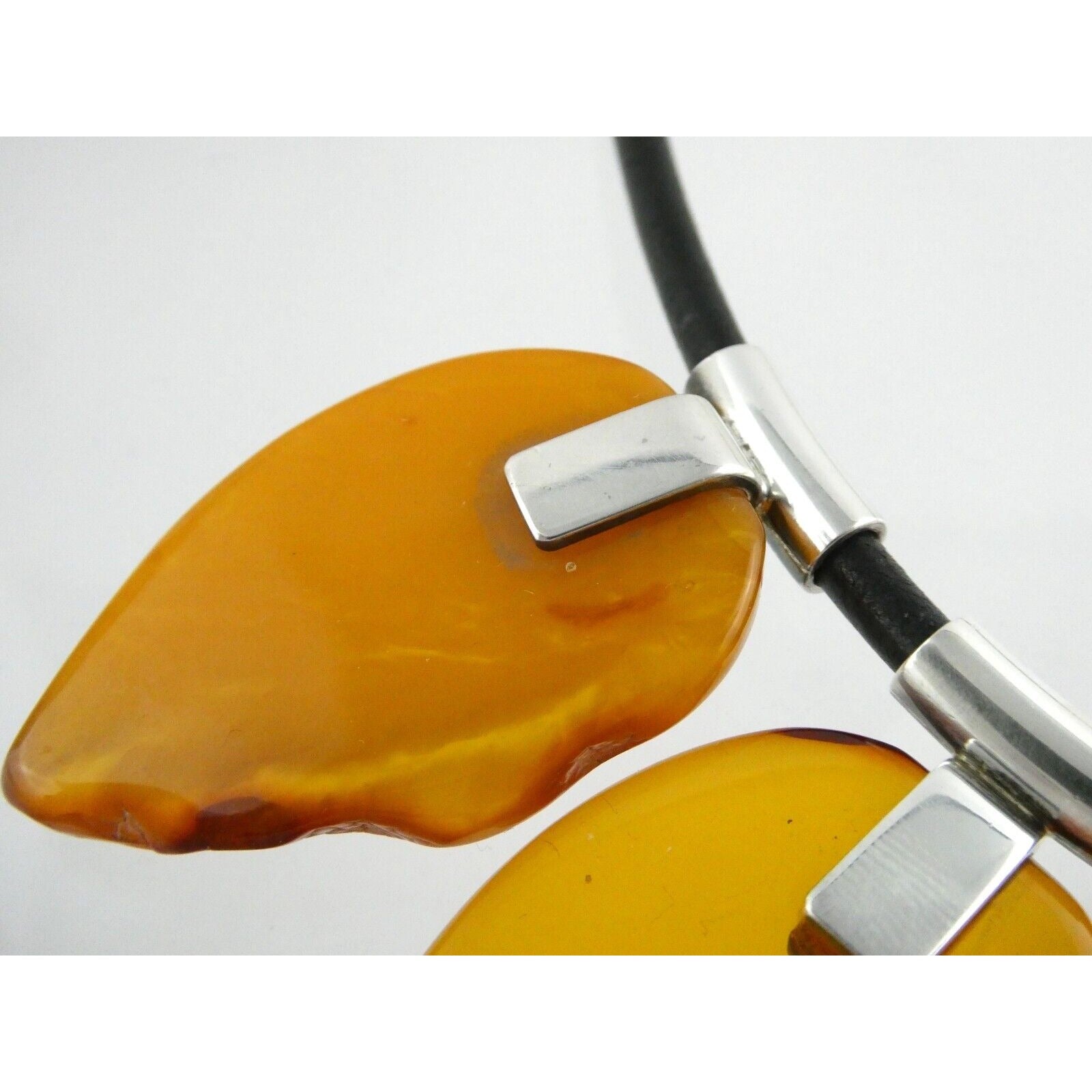 AG Polish Sterling Silver Leather Baltic Amber Necklace 925 90.8g 16.5 Inches