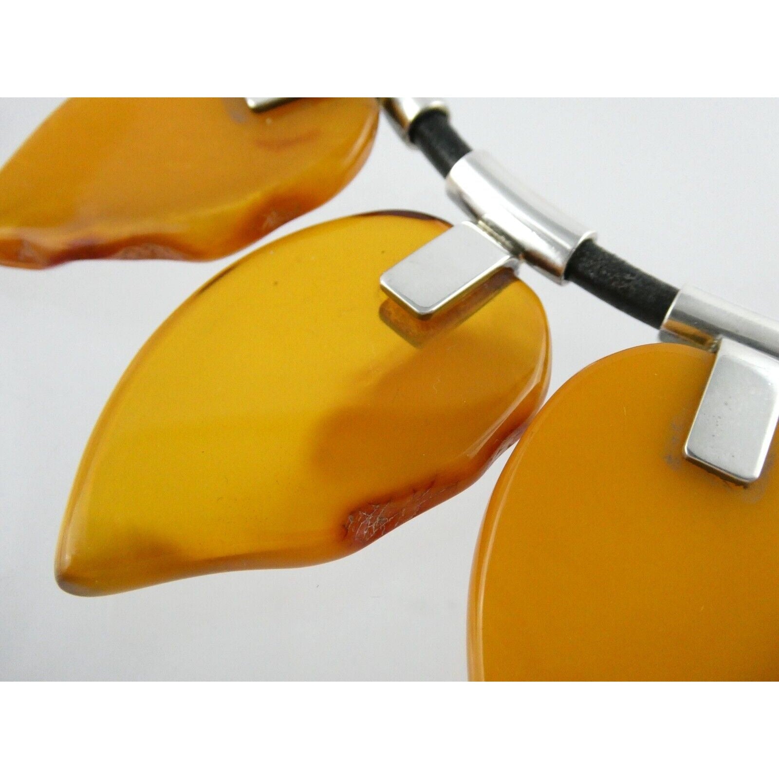AG Polish Sterling Silver Leather Baltic Amber Necklace 925 90.8g 16.5 Inches