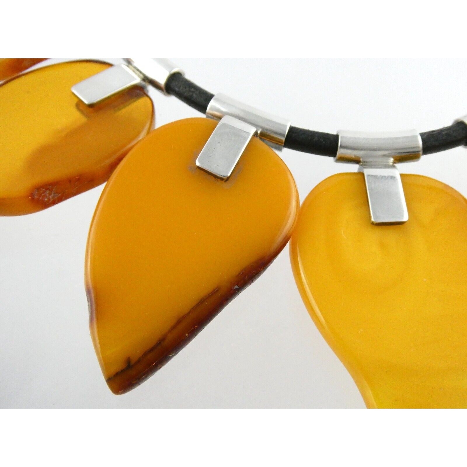 AG Polish Sterling Silver Leather Baltic Amber Necklace 925 90.8g 16.5 Inches