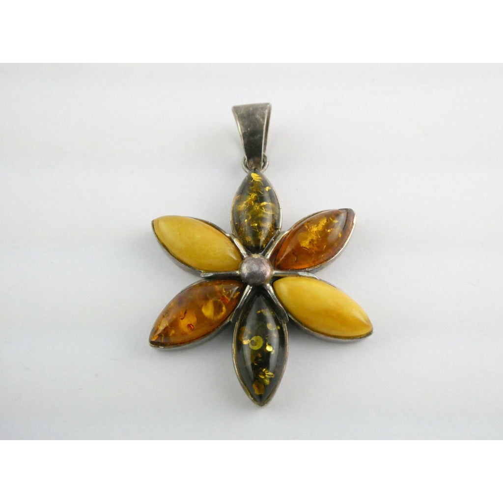 Sterling Silver Multi Color Amber Cabochon Flower Pendant 13g 54mm Length