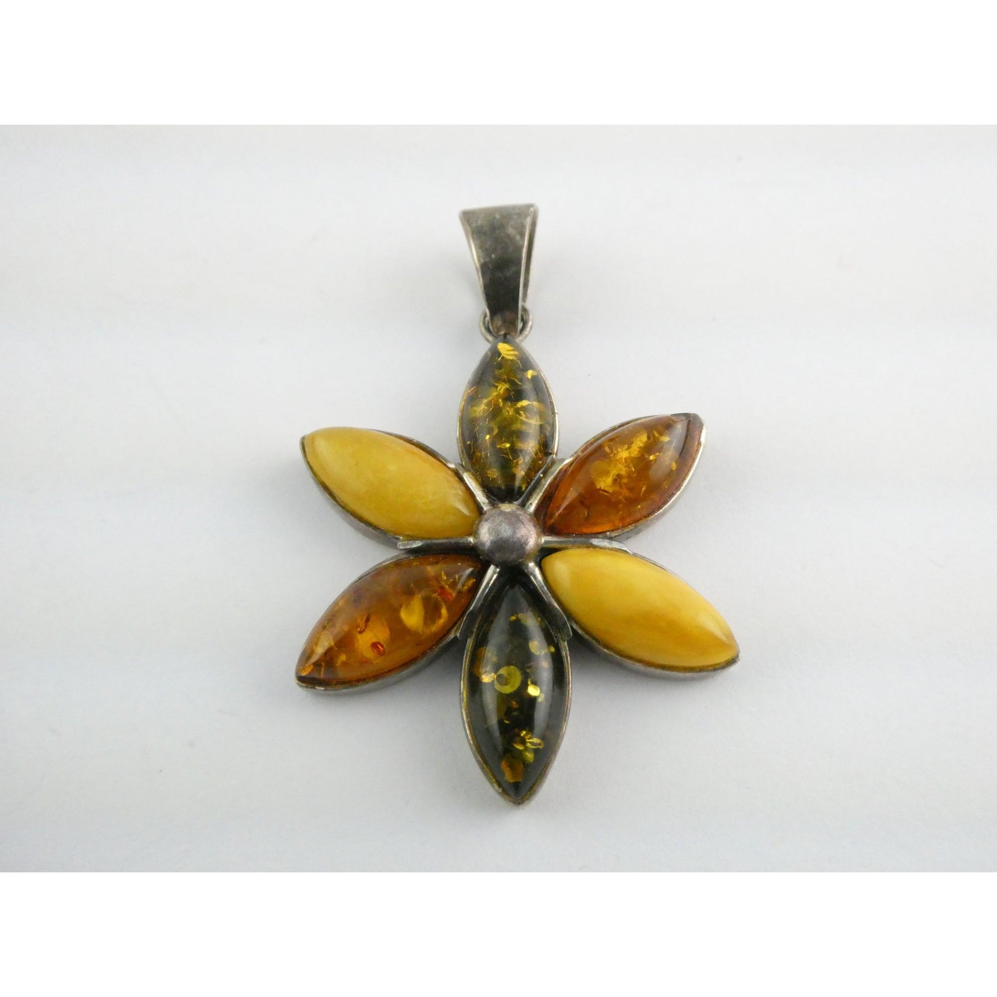 Sterling Silver Multi Color Amber Cabochon Flower Pendant 13g 54mm Length