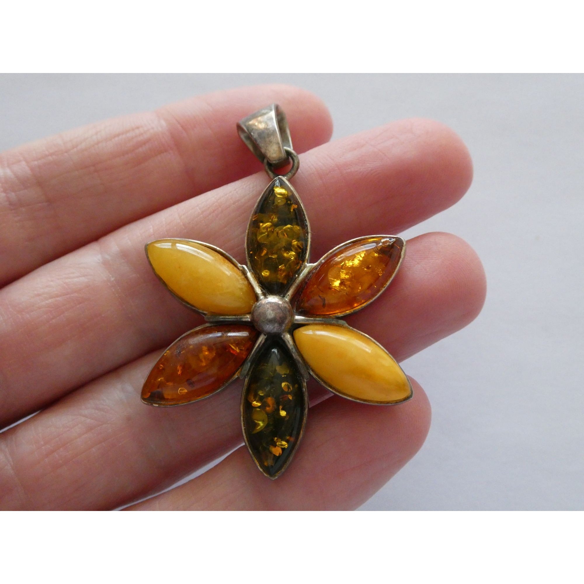Sterling Silver Multi Color Amber Cabochon Flower Pendant 13g 54mm Length