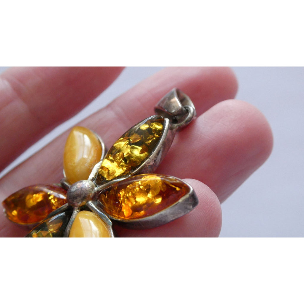 Sterling Silver Multi Color Amber Cabochon Flower Pendant 13g 54mm Length