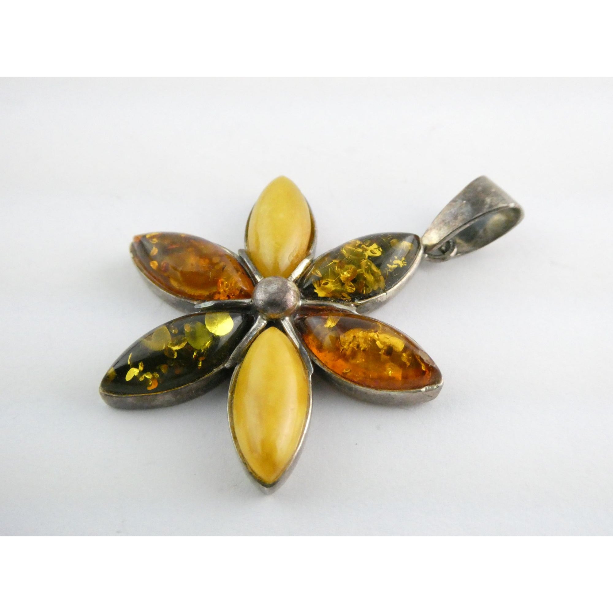 Sterling Silver Multi Color Amber Cabochon Flower Pendant 13g 54mm Length