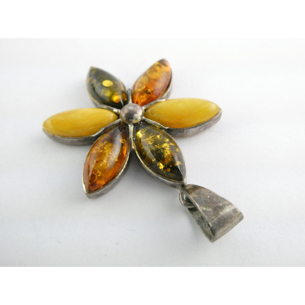 Sterling Silver Multi Color Amber Cabochon Flower Pendant 13g 54mm Length