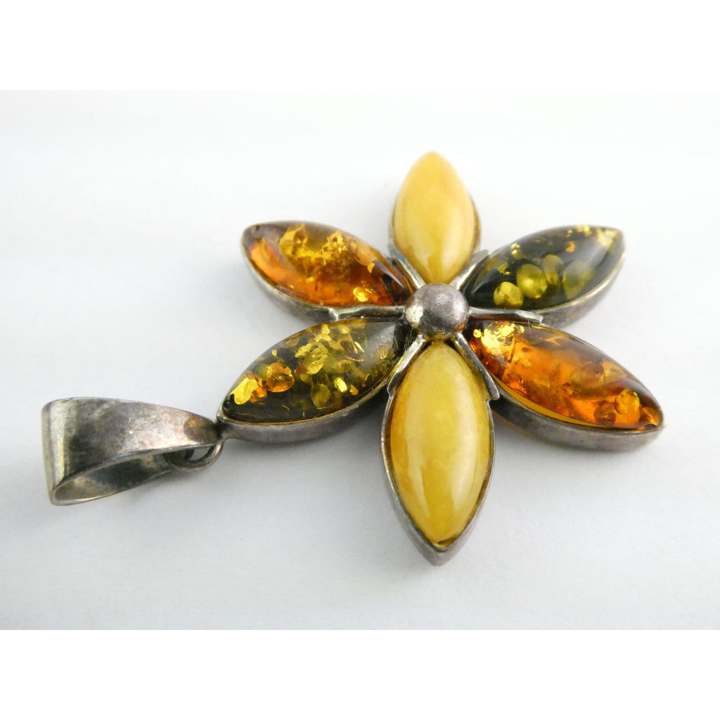 Sterling Silver Multi Color Amber Cabochon Flower Pendant 13g 54mm Length