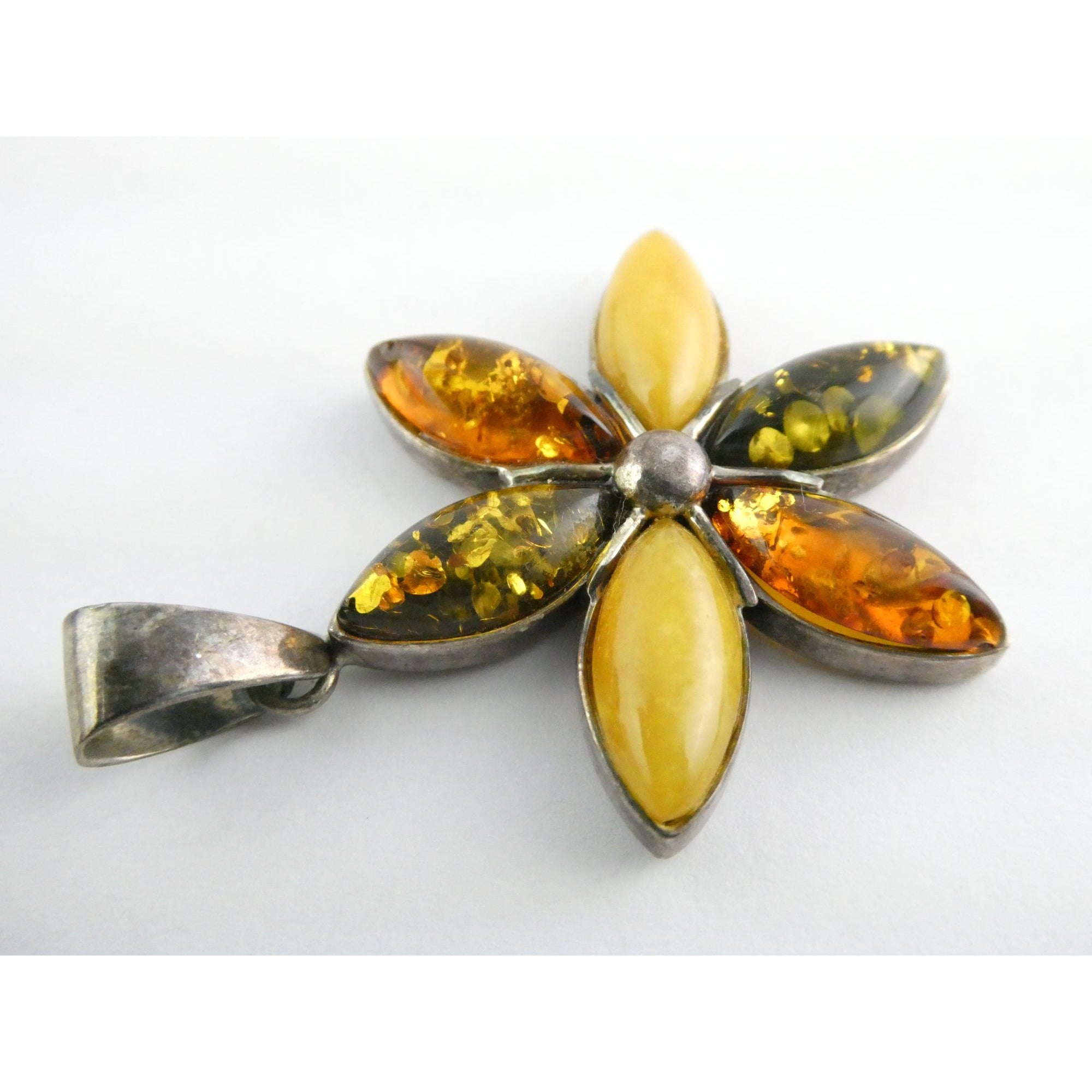 Sterling Silver Multi Color Amber Cabochon Flower Pendant 13g 54mm Length