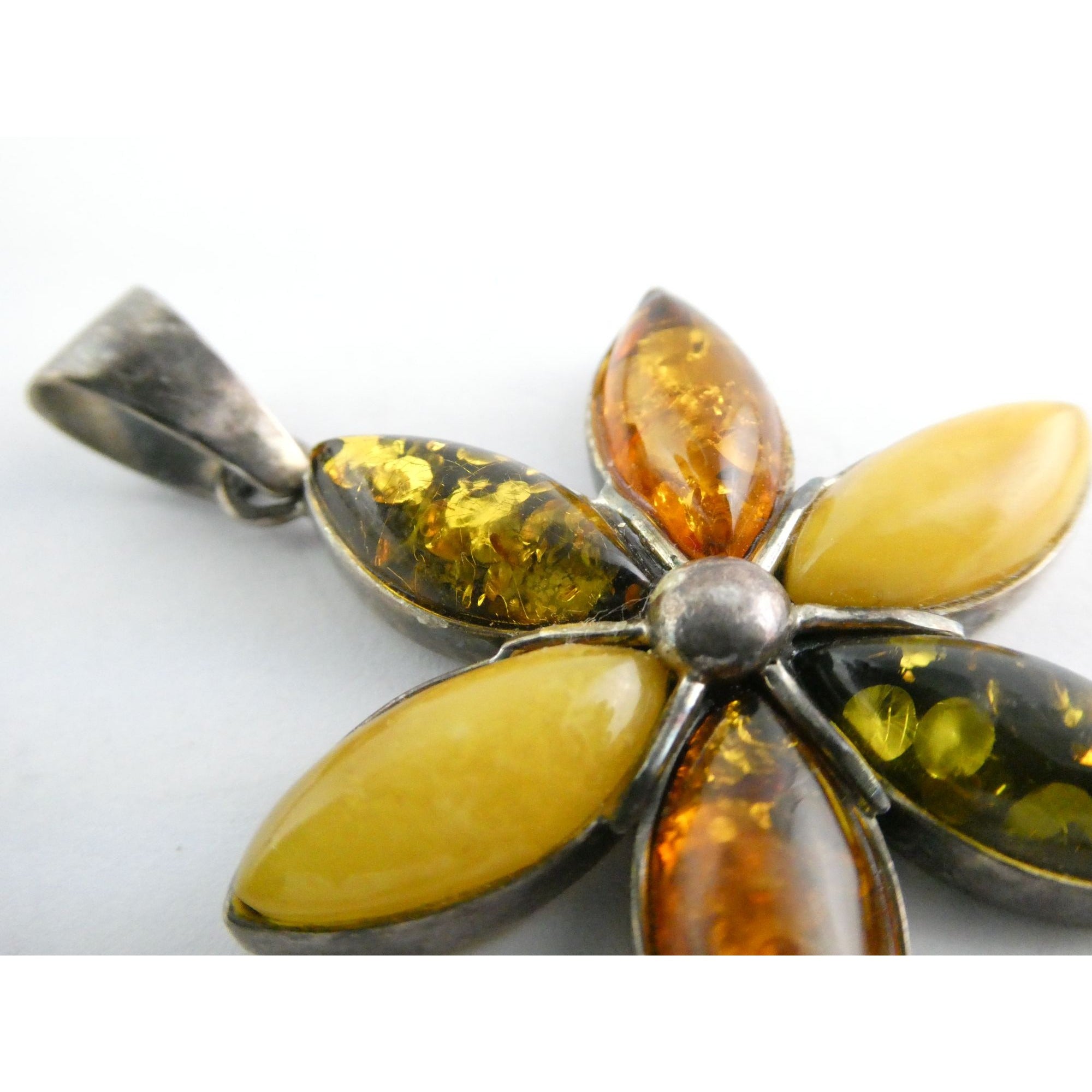 Sterling Silver Multi Color Amber Cabochon Flower Pendant 13g 54mm Length
