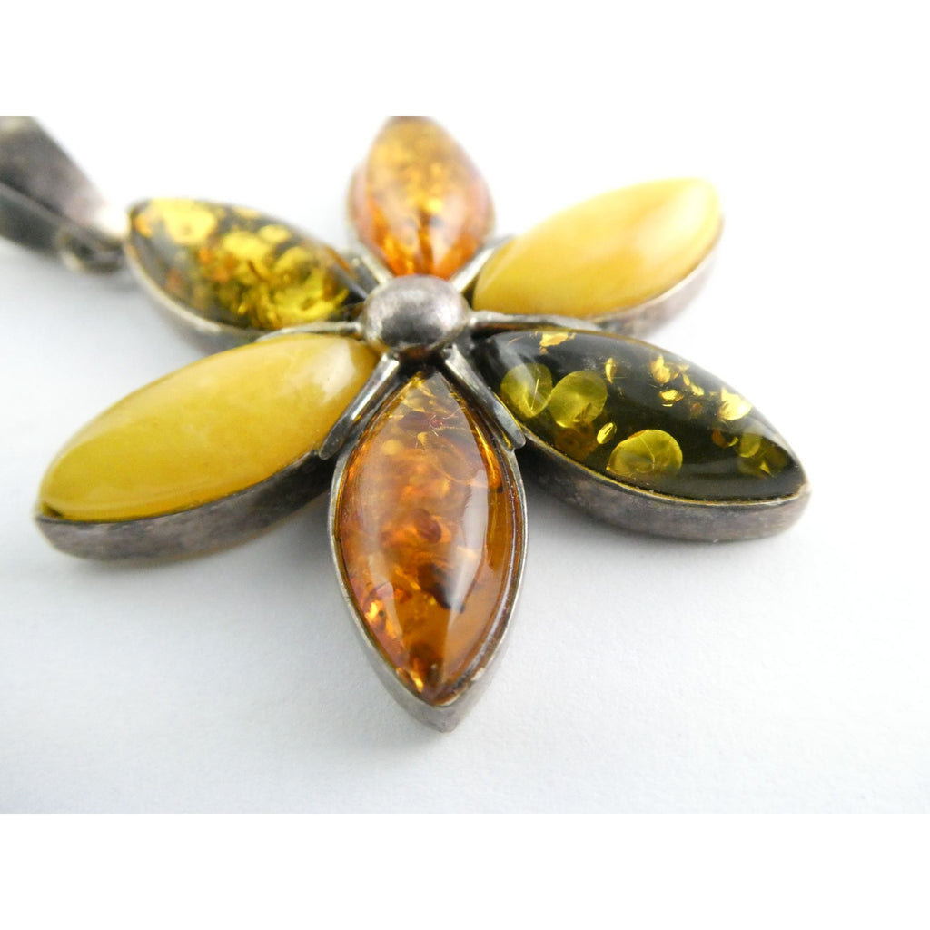 Sterling Silver Multi Color Amber Cabochon Flower Pendant 13g 54mm Length