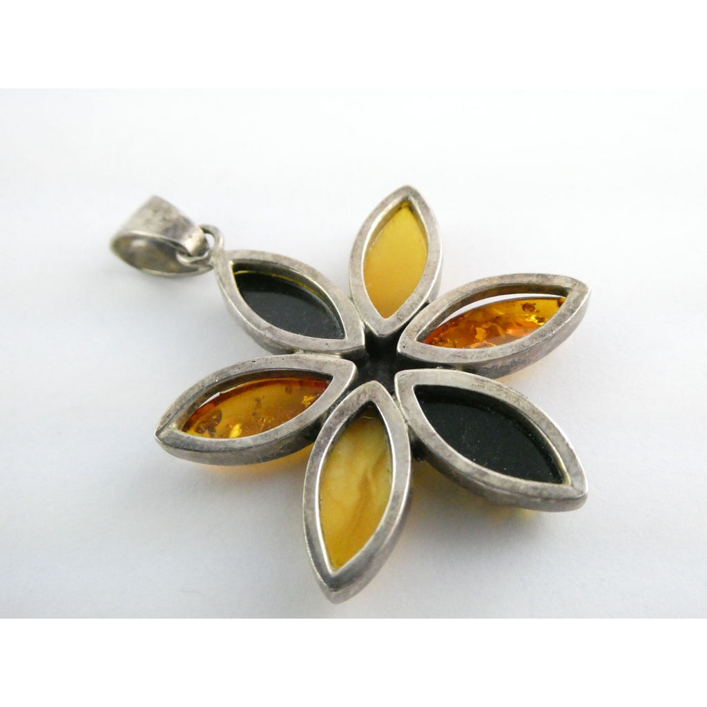 Sterling Silver Multi Color Amber Cabochon Flower Pendant 13g 54mm Length