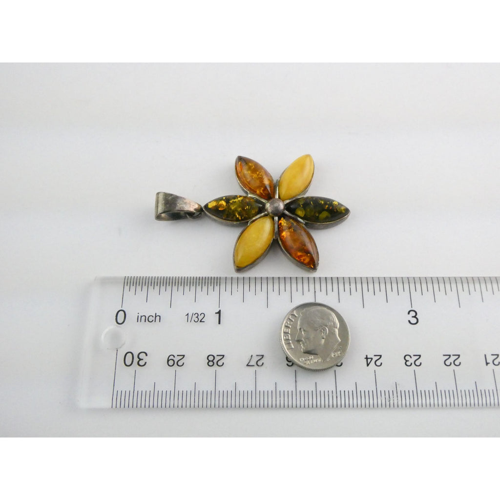 Sterling Silver Multi Color Amber Cabochon Flower Pendant 13g 54mm Length