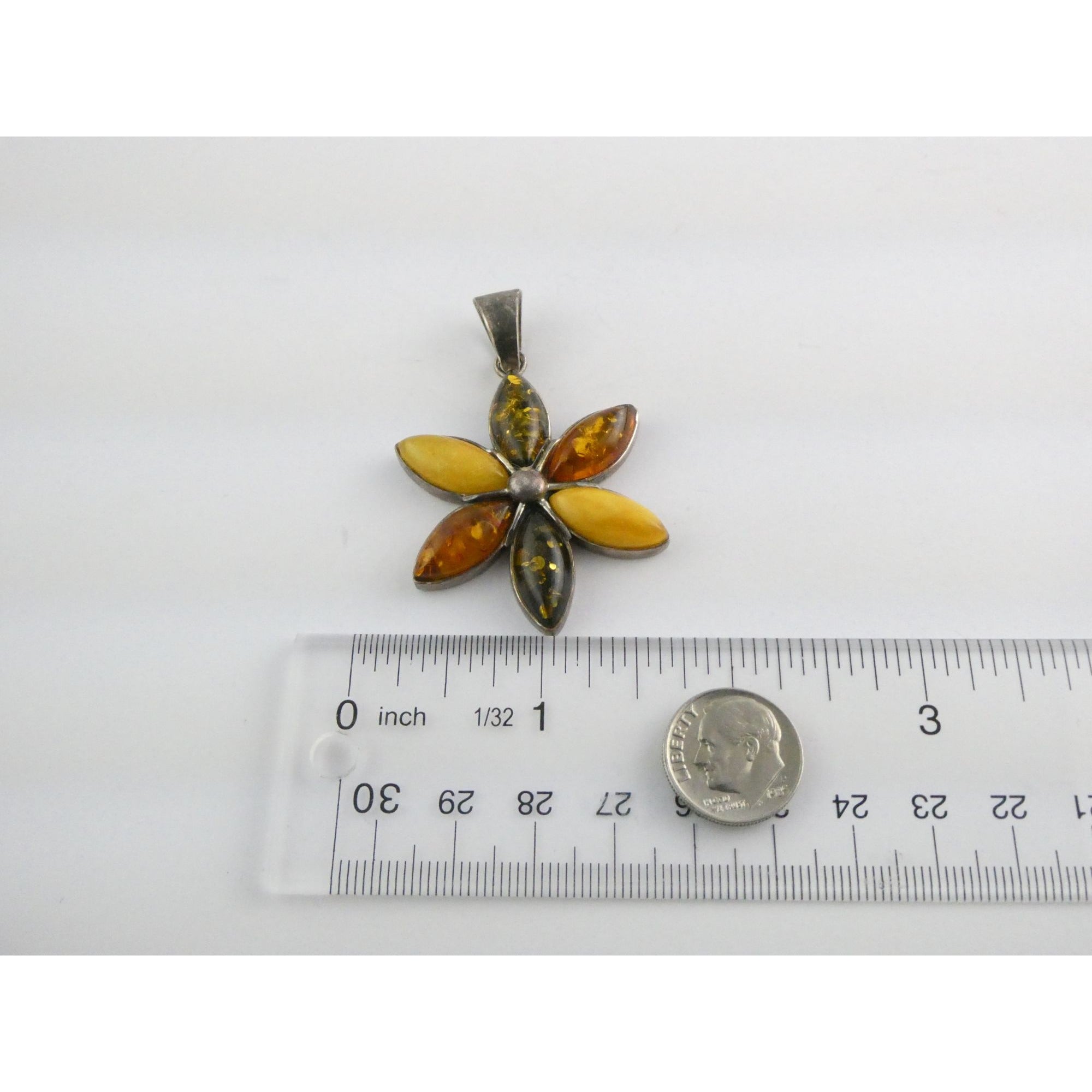 Sterling Silver Multi Color Amber Cabochon Flower Pendant 13g 54mm Length