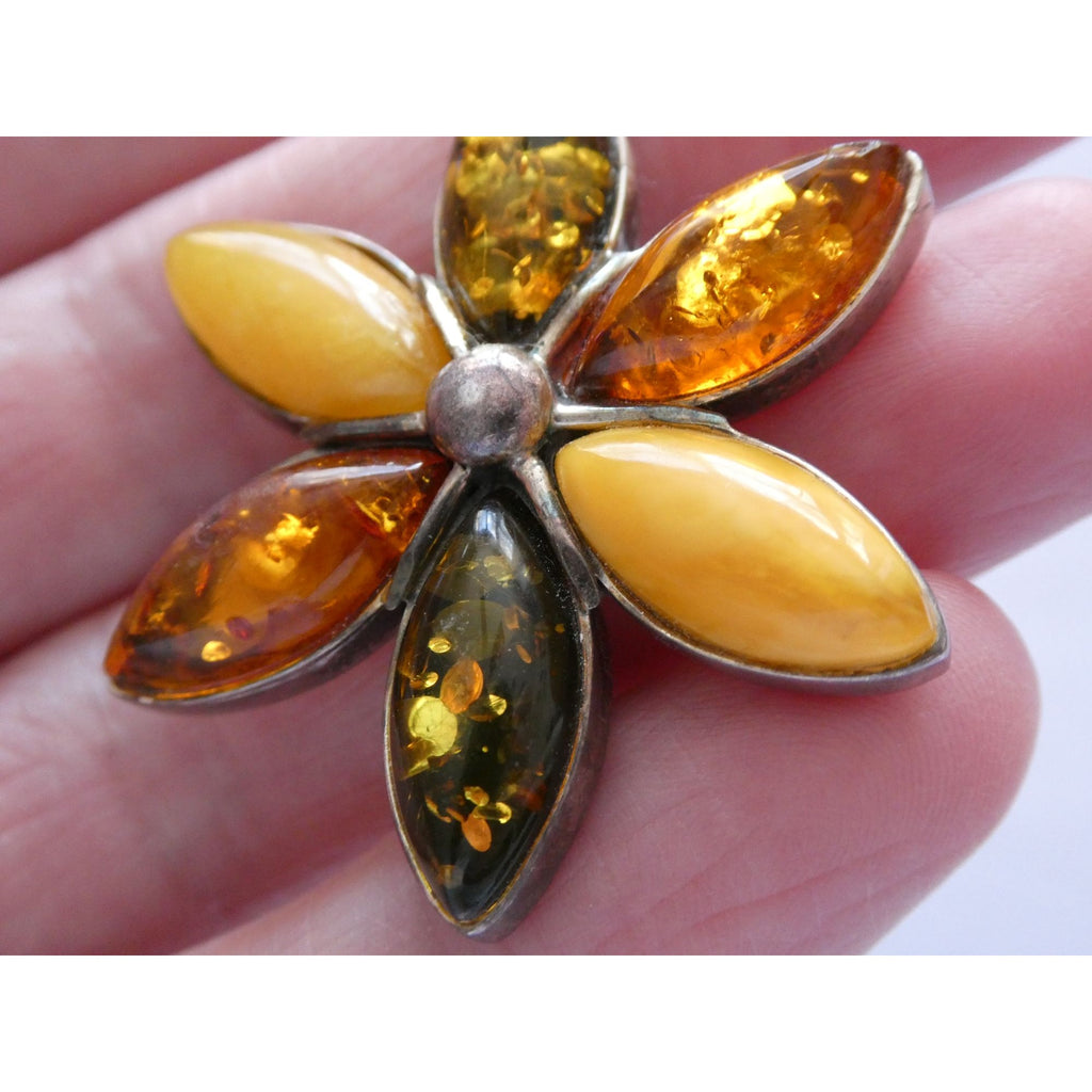 Sterling Silver Multi Color Amber Cabochon Flower Pendant 13g 54mm Length