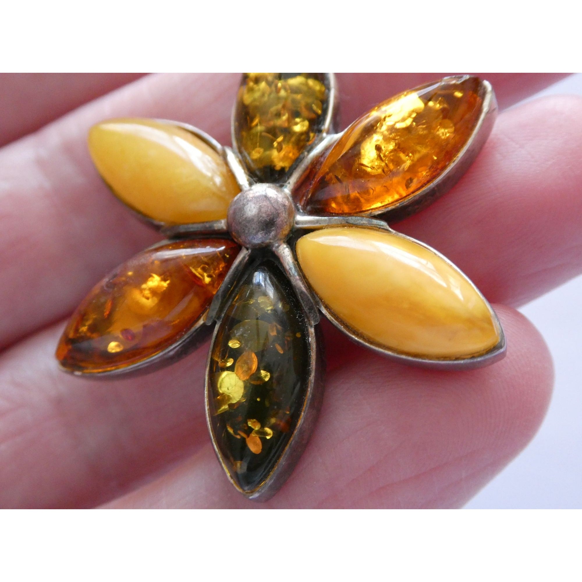 Sterling Silver Multi Color Amber Cabochon Flower Pendant 13g 54mm Length