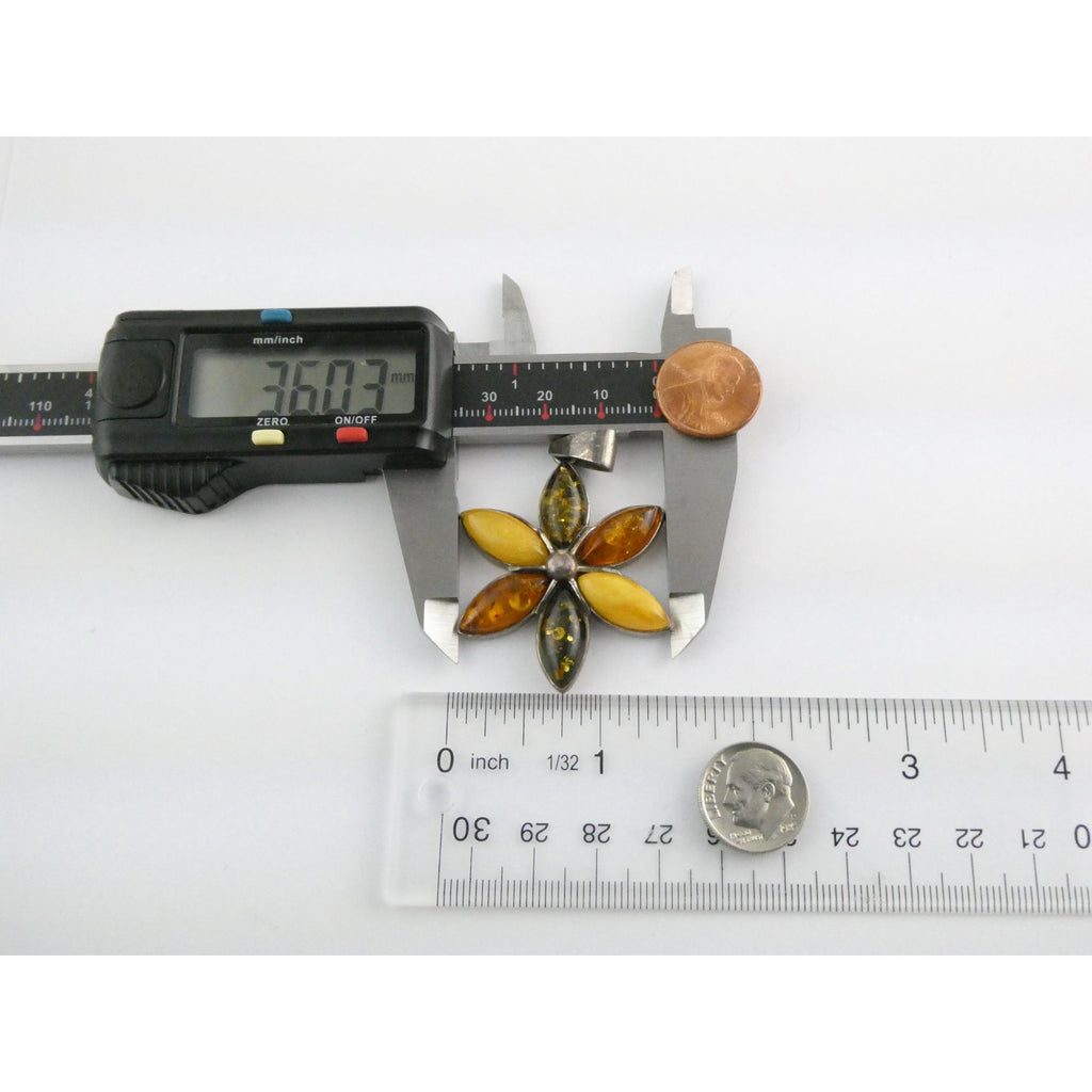Sterling Silver Multi Color Amber Cabochon Flower Pendant 13g 54mm Length