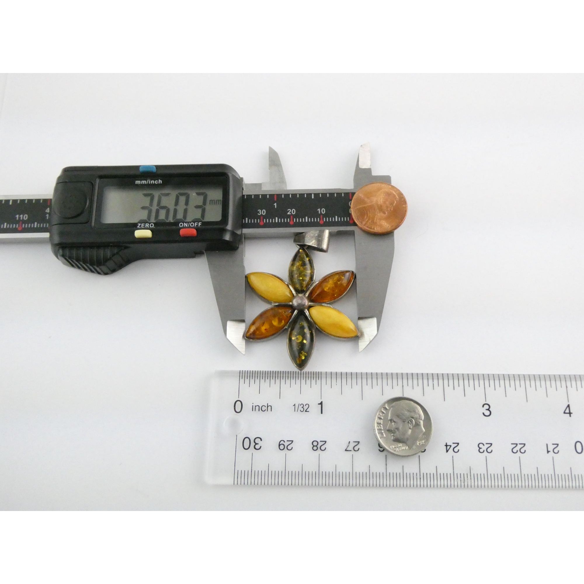 Sterling Silver Multi Color Amber Cabochon Flower Pendant 13g 54mm Length