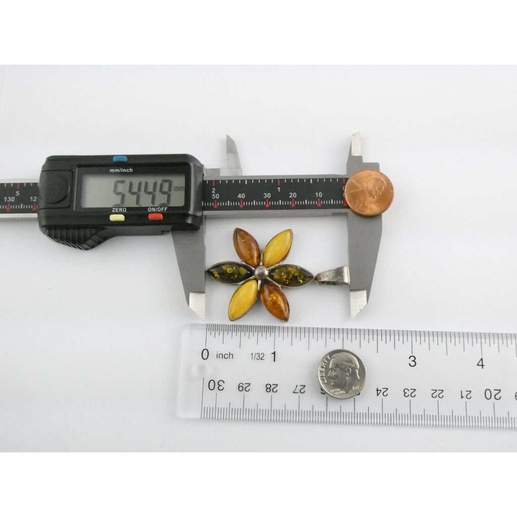 Sterling Silver Multi Color Amber Cabochon Flower Pendant 13g 54mm Length