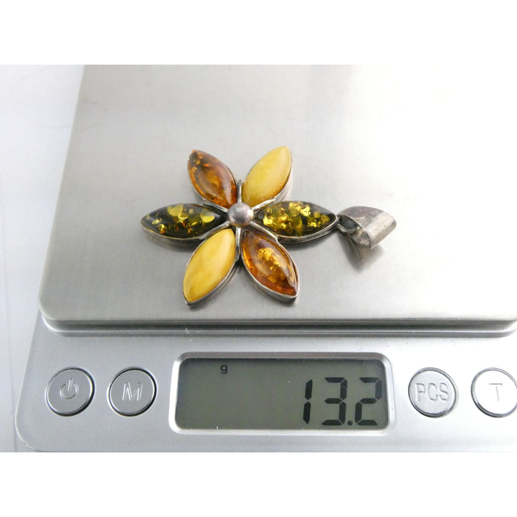 Sterling Silver Multi Color Amber Cabochon Flower Pendant 13g 54mm Length