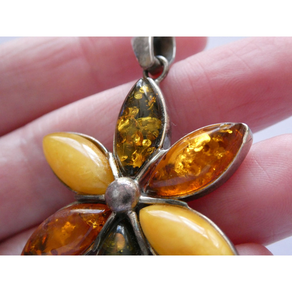 Sterling Silver Multi Color Amber Cabochon Flower Pendant 13g 54mm Length