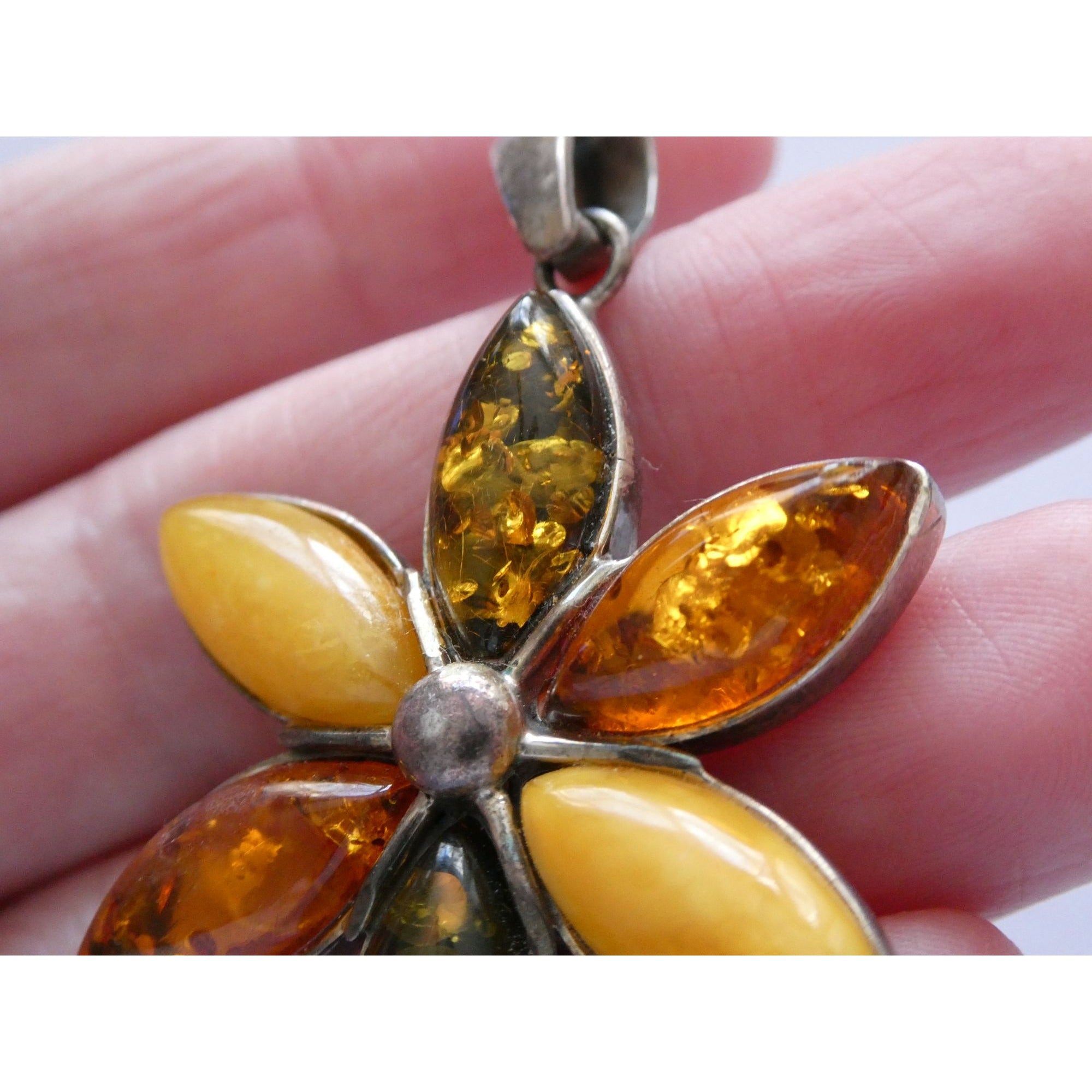 Sterling Silver Multi Color Amber Cabochon Flower Pendant 13g 54mm Length