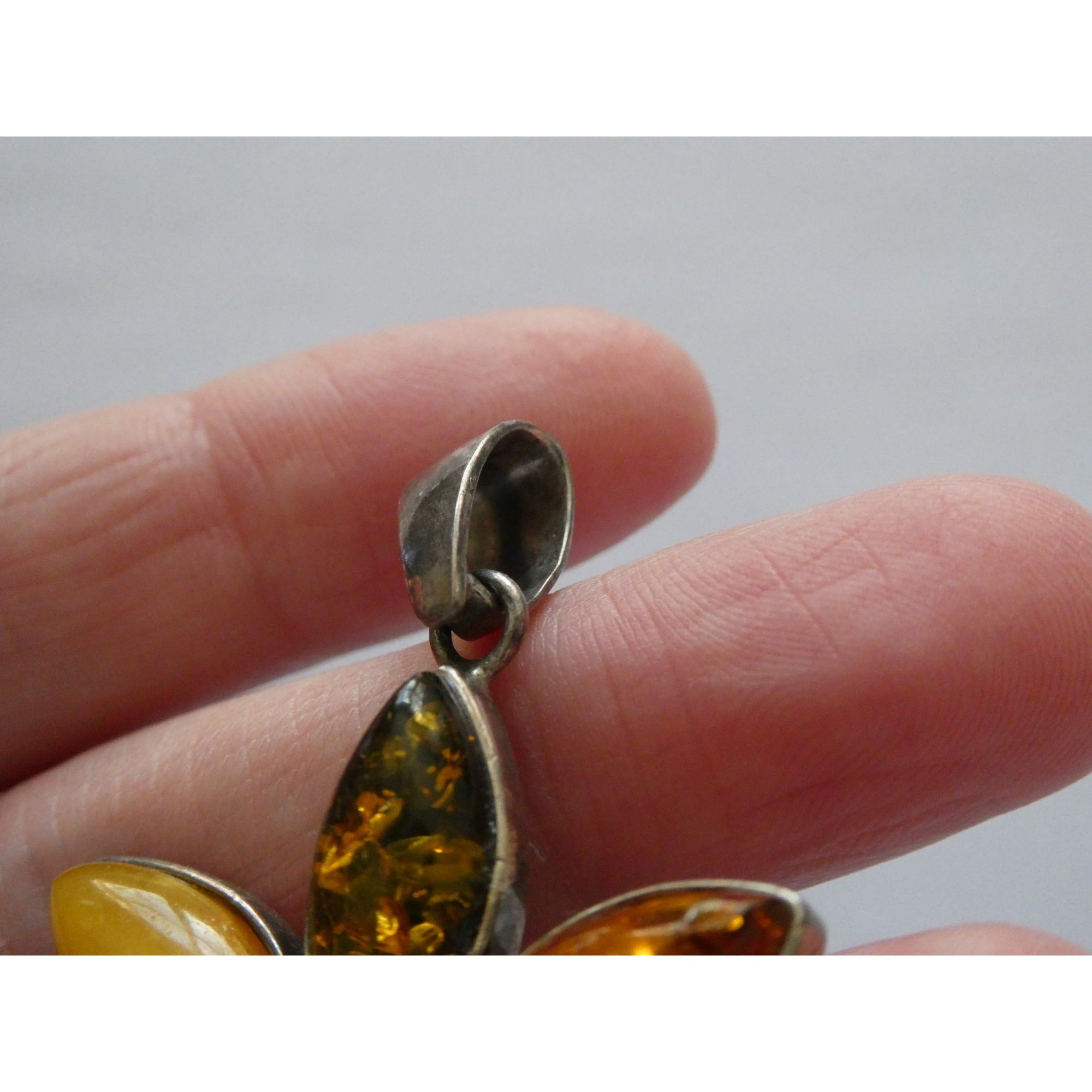 Sterling Silver Multi Color Amber Cabochon Flower Pendant 13g 54mm Length