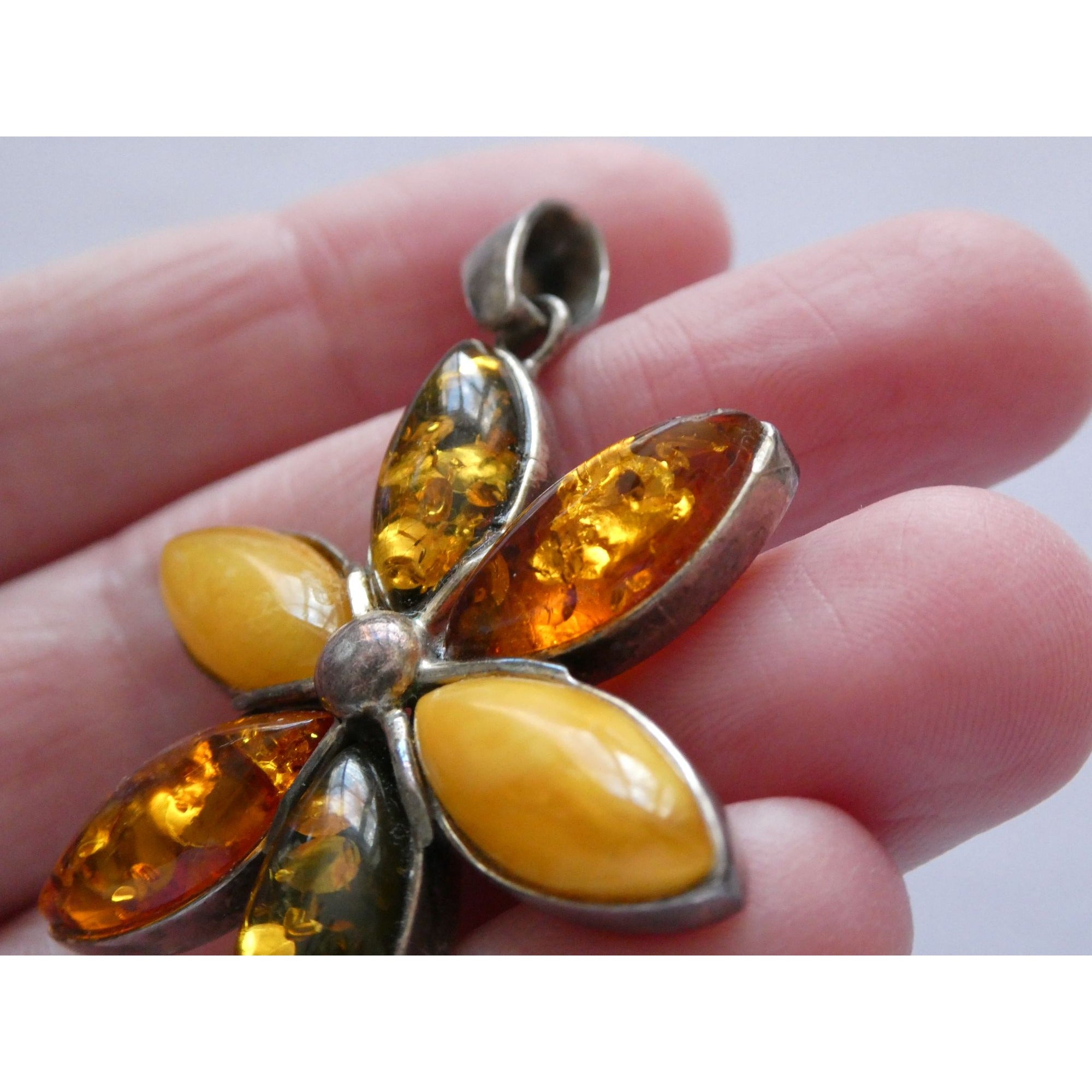 Sterling Silver Multi Color Amber Cabochon Flower Pendant 13g 54mm Length