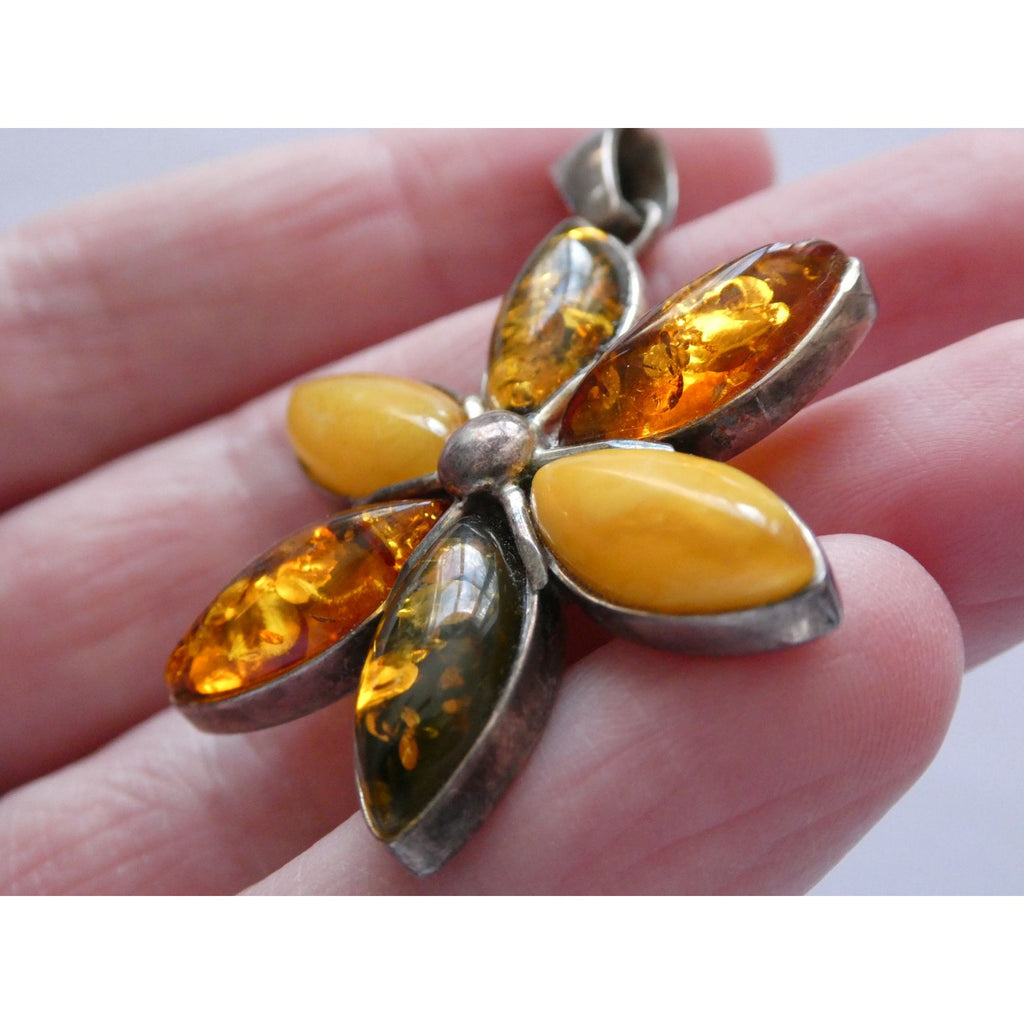 Sterling Silver Multi Color Amber Cabochon Flower Pendant 13g 54mm Length