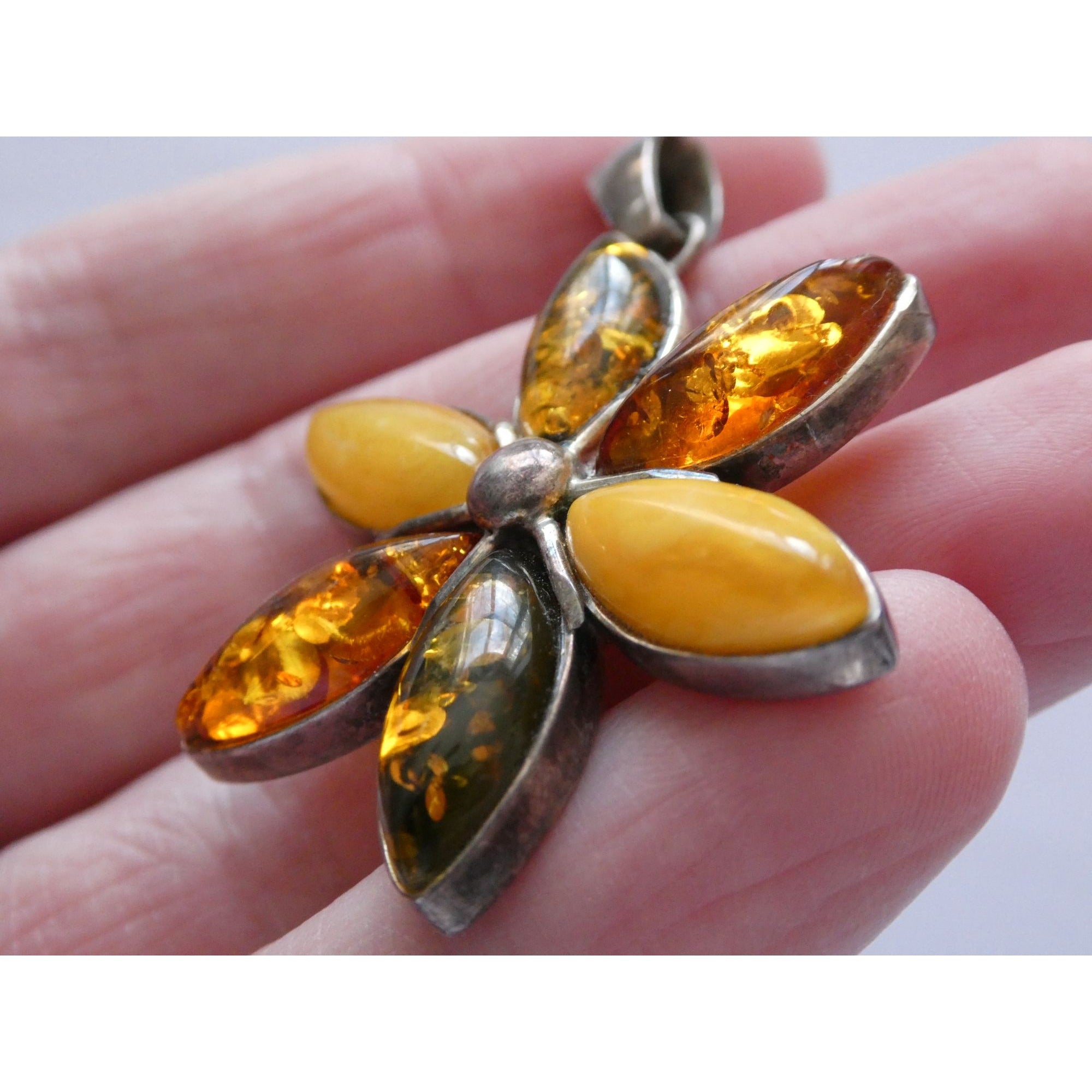 Sterling Silver Multi Color Amber Cabochon Flower Pendant 13g 54mm Length