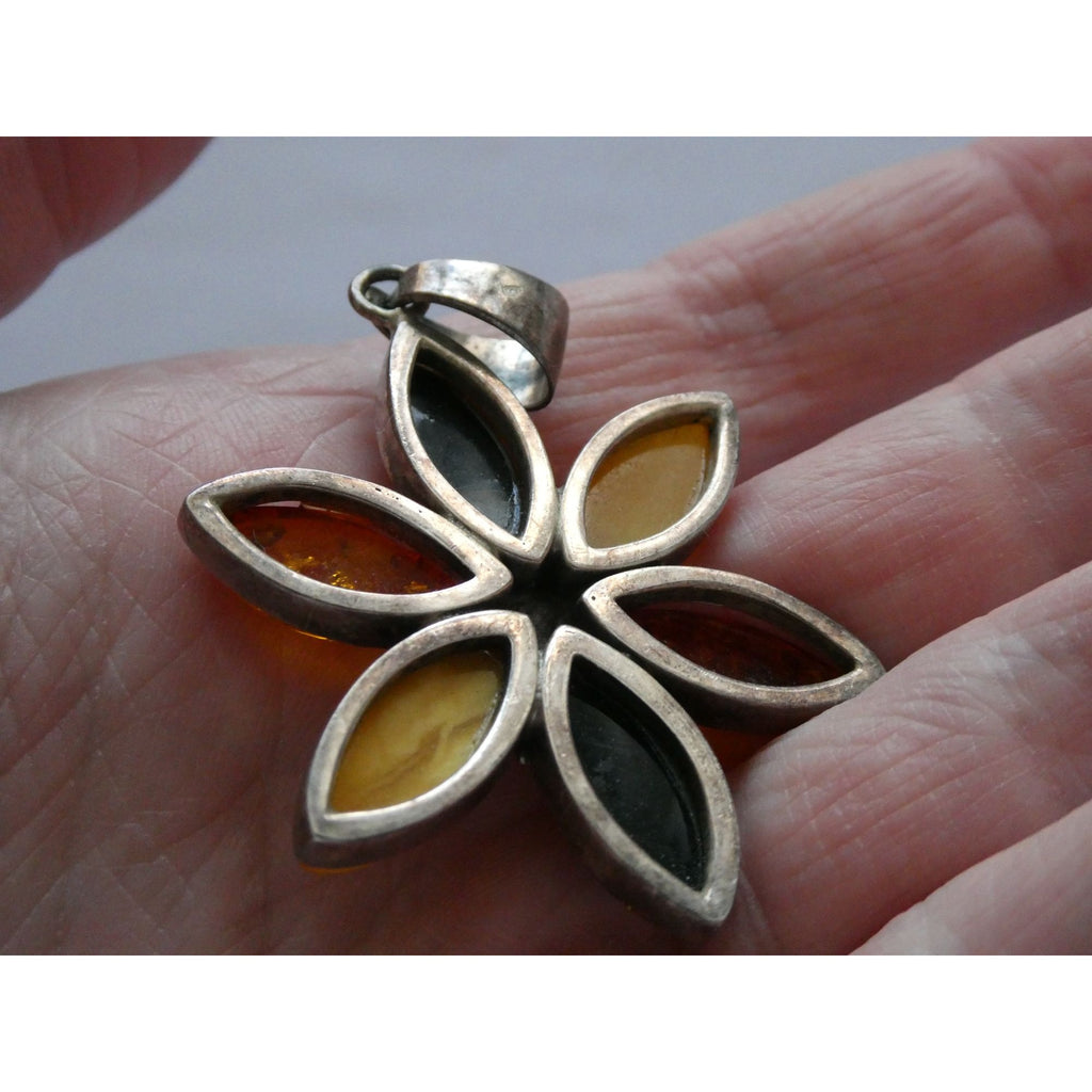 Sterling Silver Multi Color Amber Cabochon Flower Pendant 13g 54mm Length