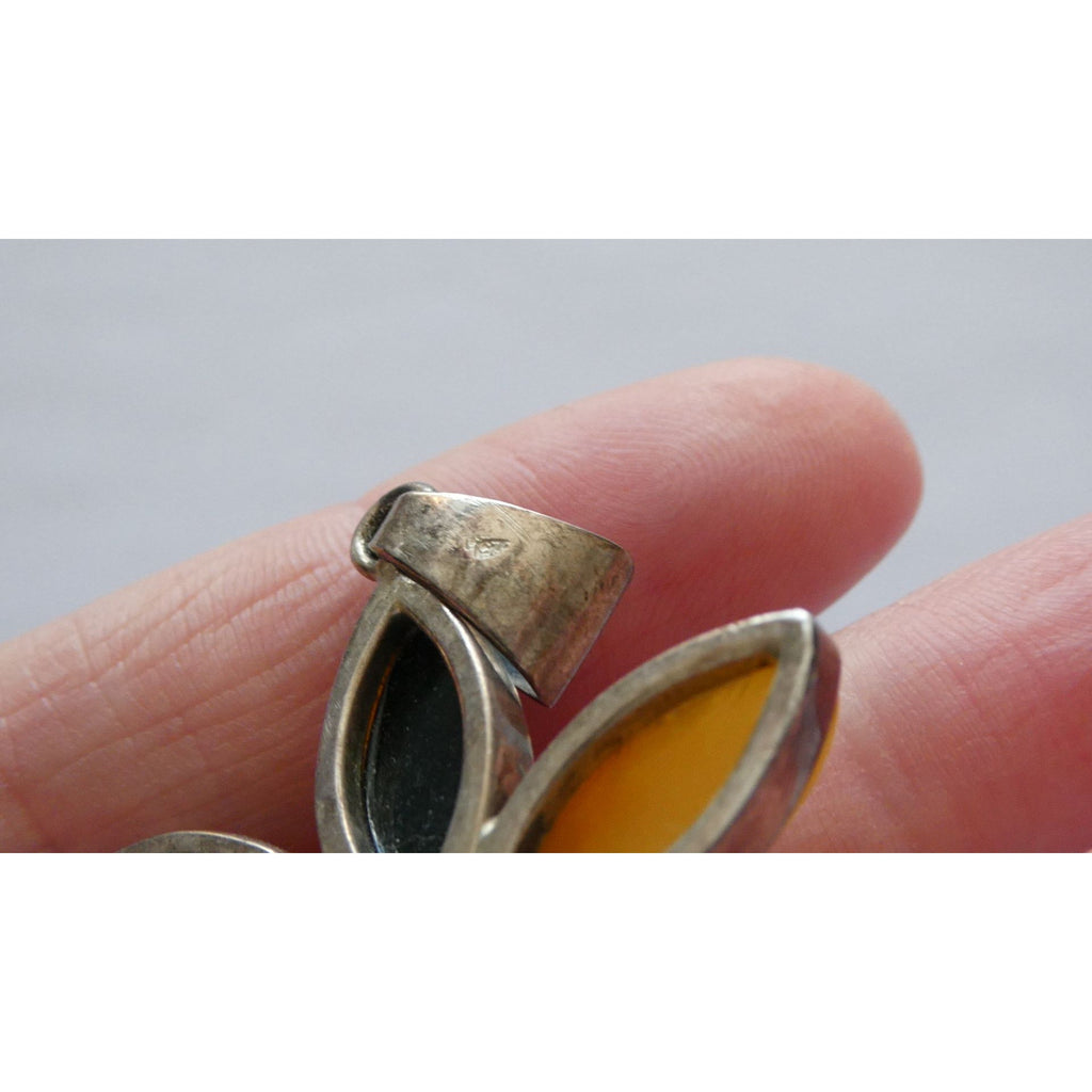 Sterling Silver Multi Color Amber Cabochon Flower Pendant 13g 54mm Length