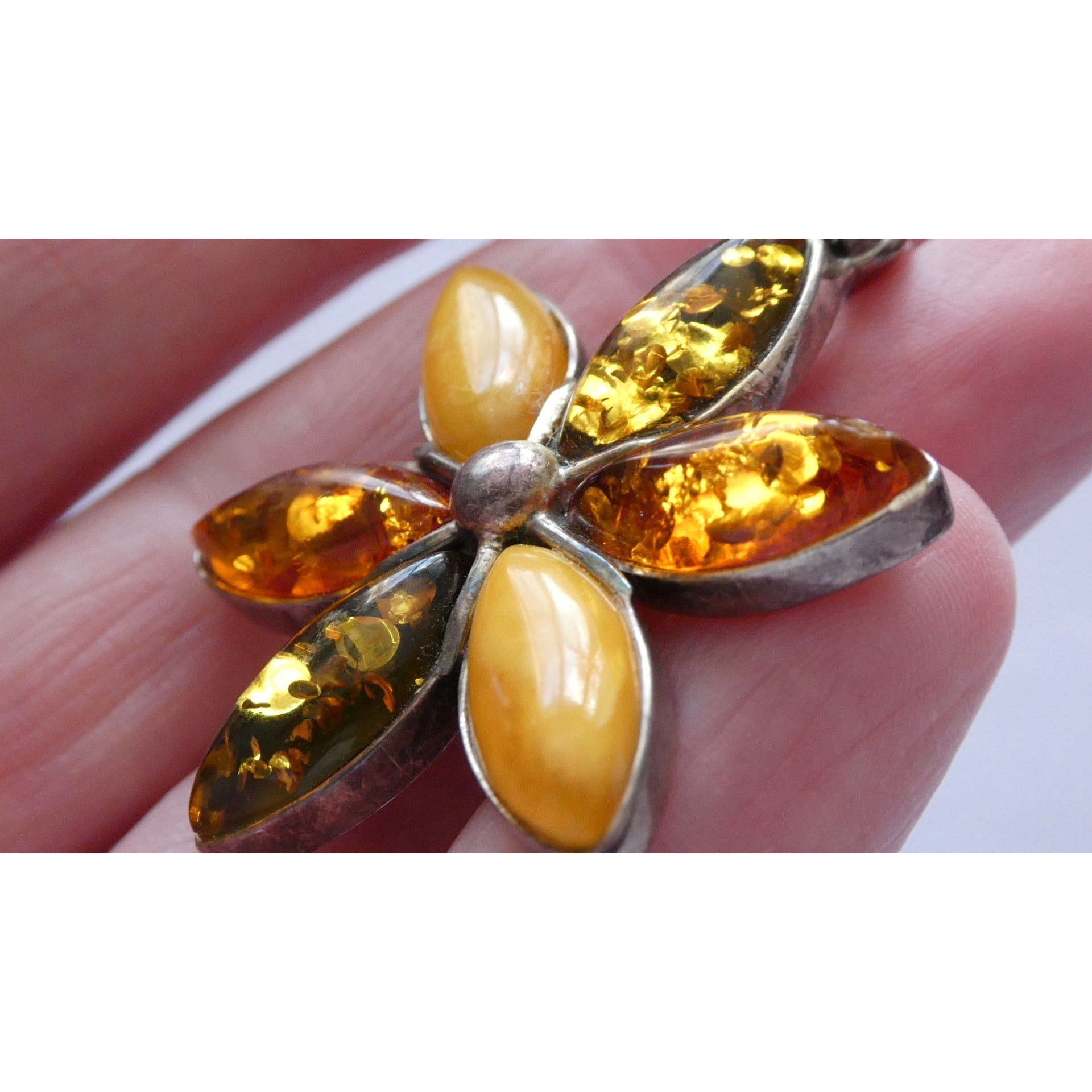 Sterling Silver Multi Color Amber Cabochon Flower Pendant 13g 54mm Length
