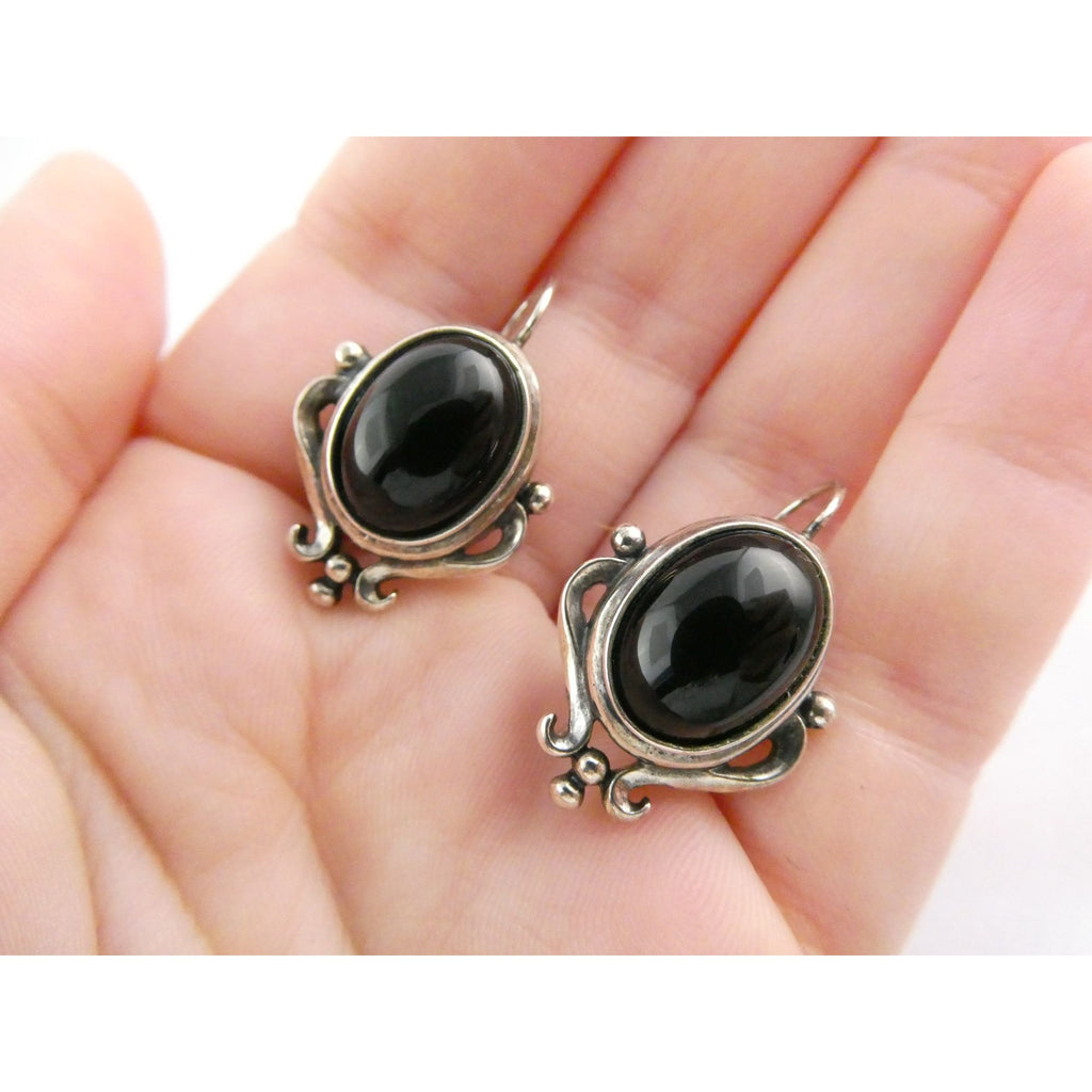 Sterling Silver Black Onyx Cabochon Hook Earrings 925 8.5g 29mm Length
